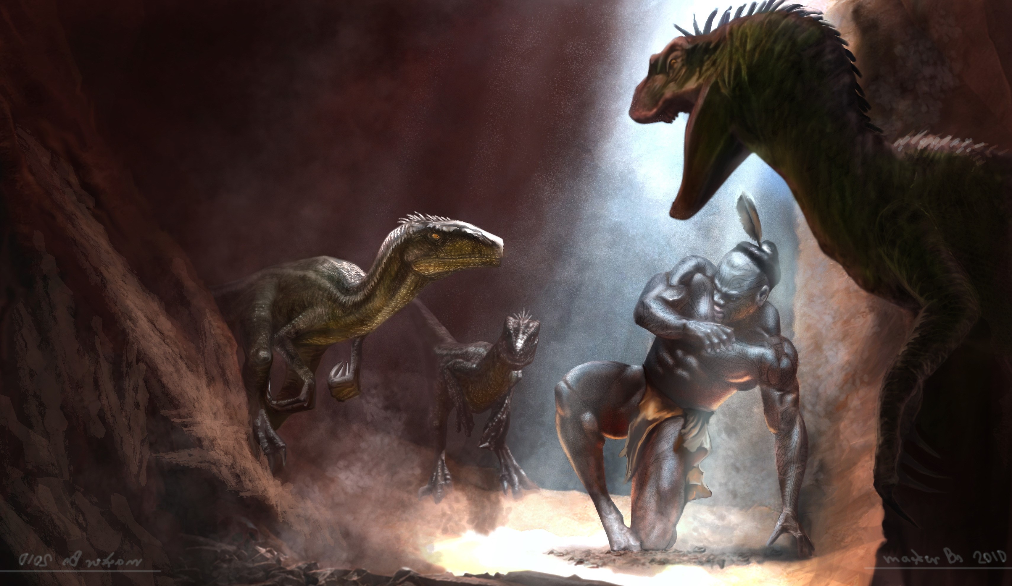 Dinosaurs and a warrior in a cave HD Wallpaper