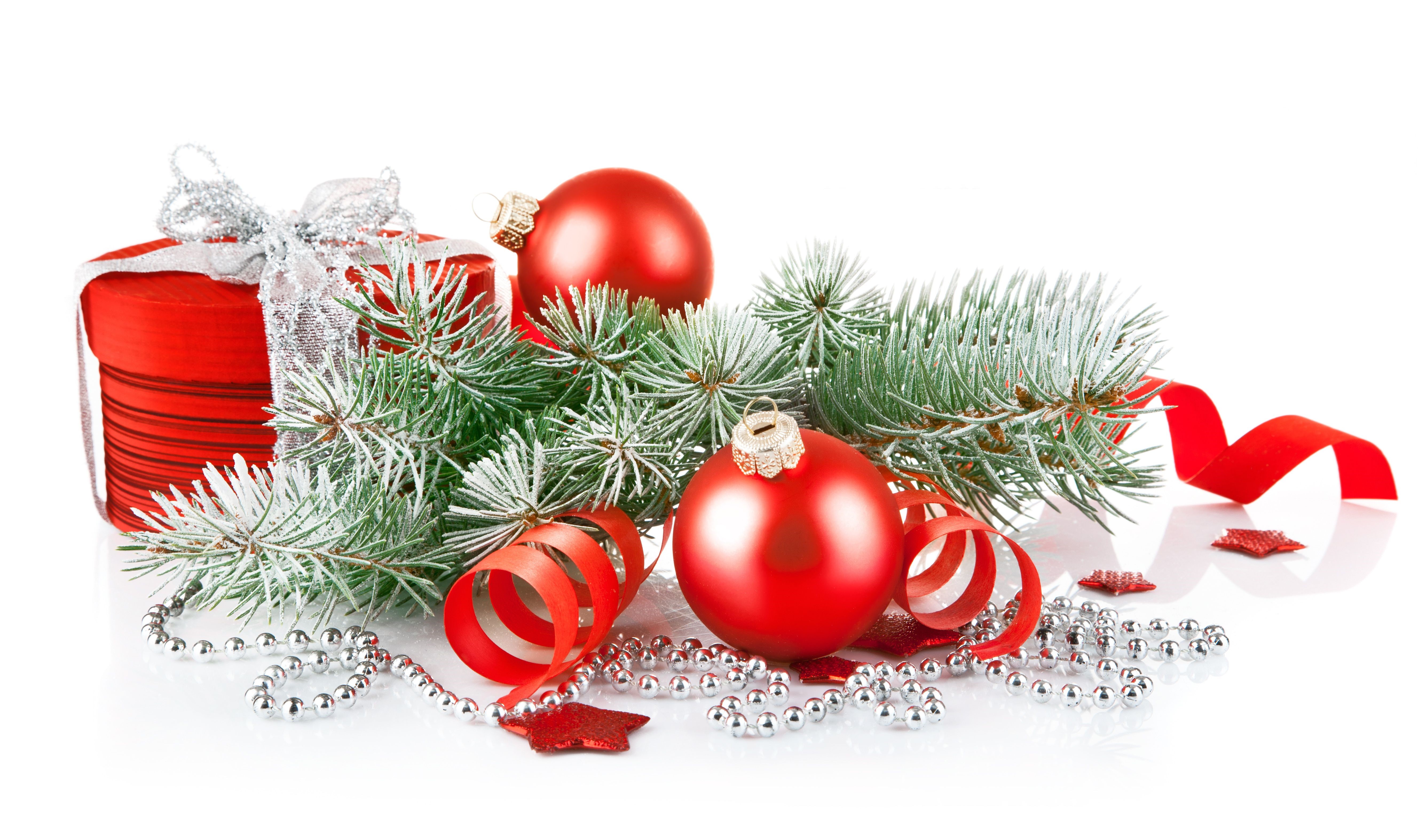 Christmas Decorations: Red Gift, Ornaments, and Pine Branches HD Wallpaper