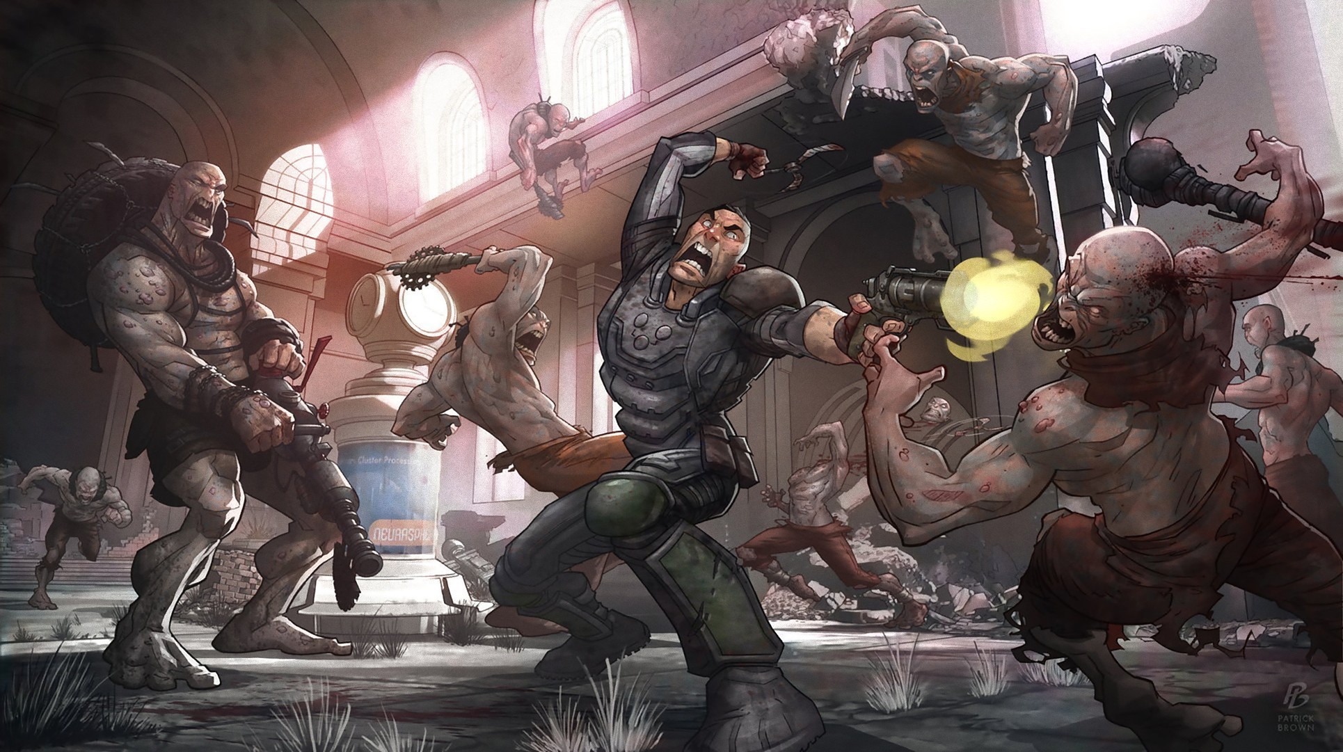 Man fighting zombies in a ruined building HD Wallpaper