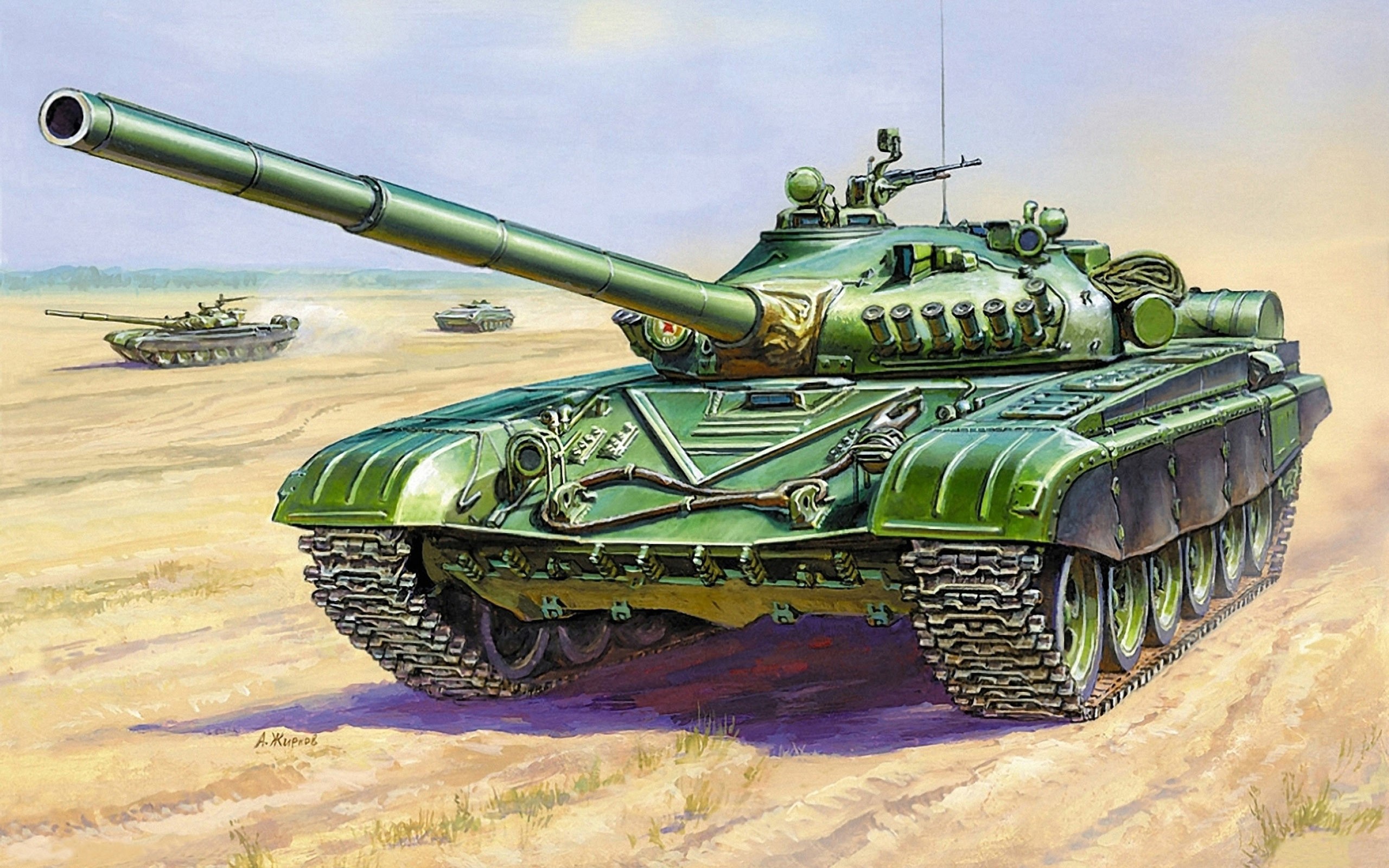 T-72 tanks in a desert landscape HD Wallpaper