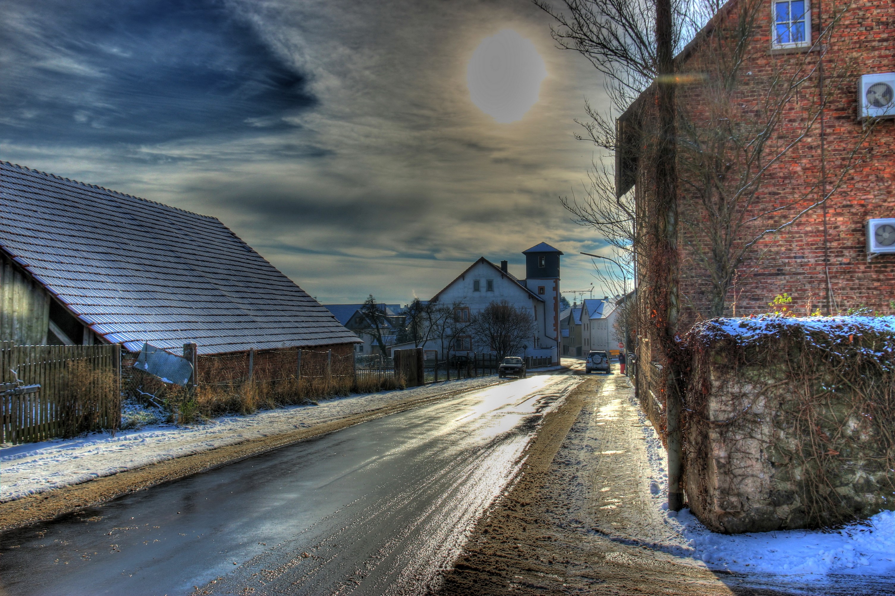 Street in a German Village with Snow HD Wallpaper