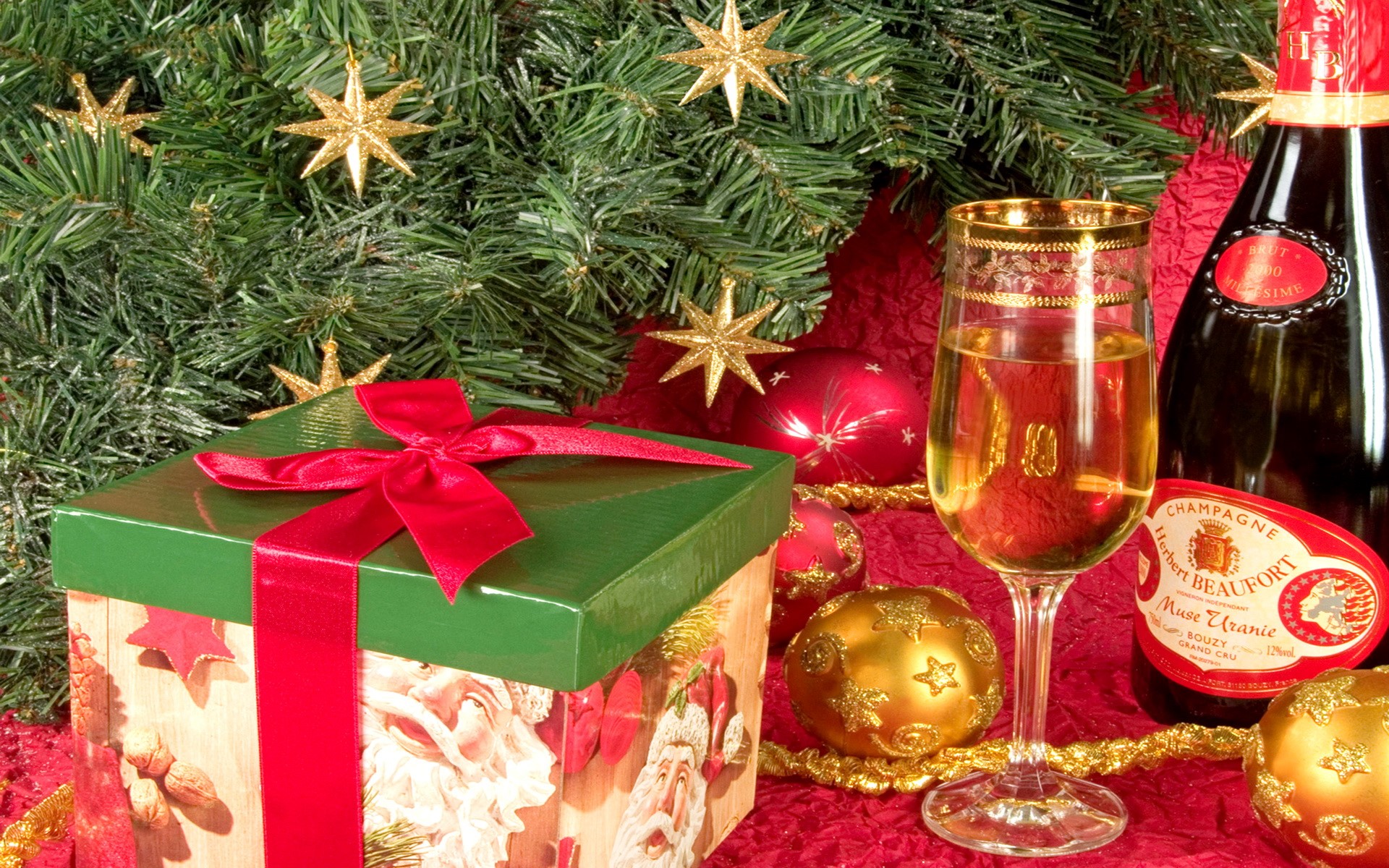 Christmas Tree with Champagne, Gift, and Ornaments HD Wallpaper
