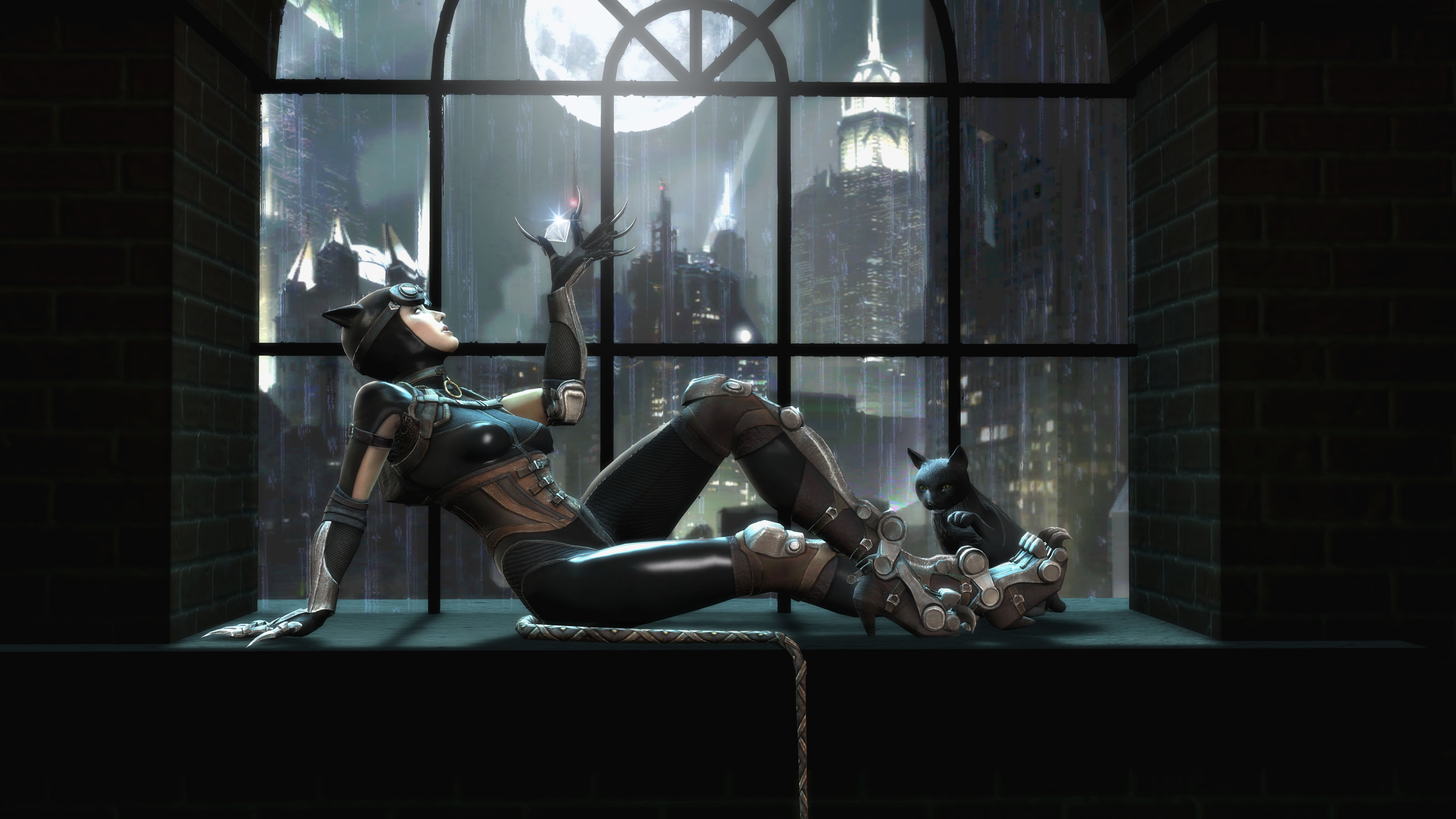 Catwoman from Batman sitting on a windowsill with a cat HD Wallpaper