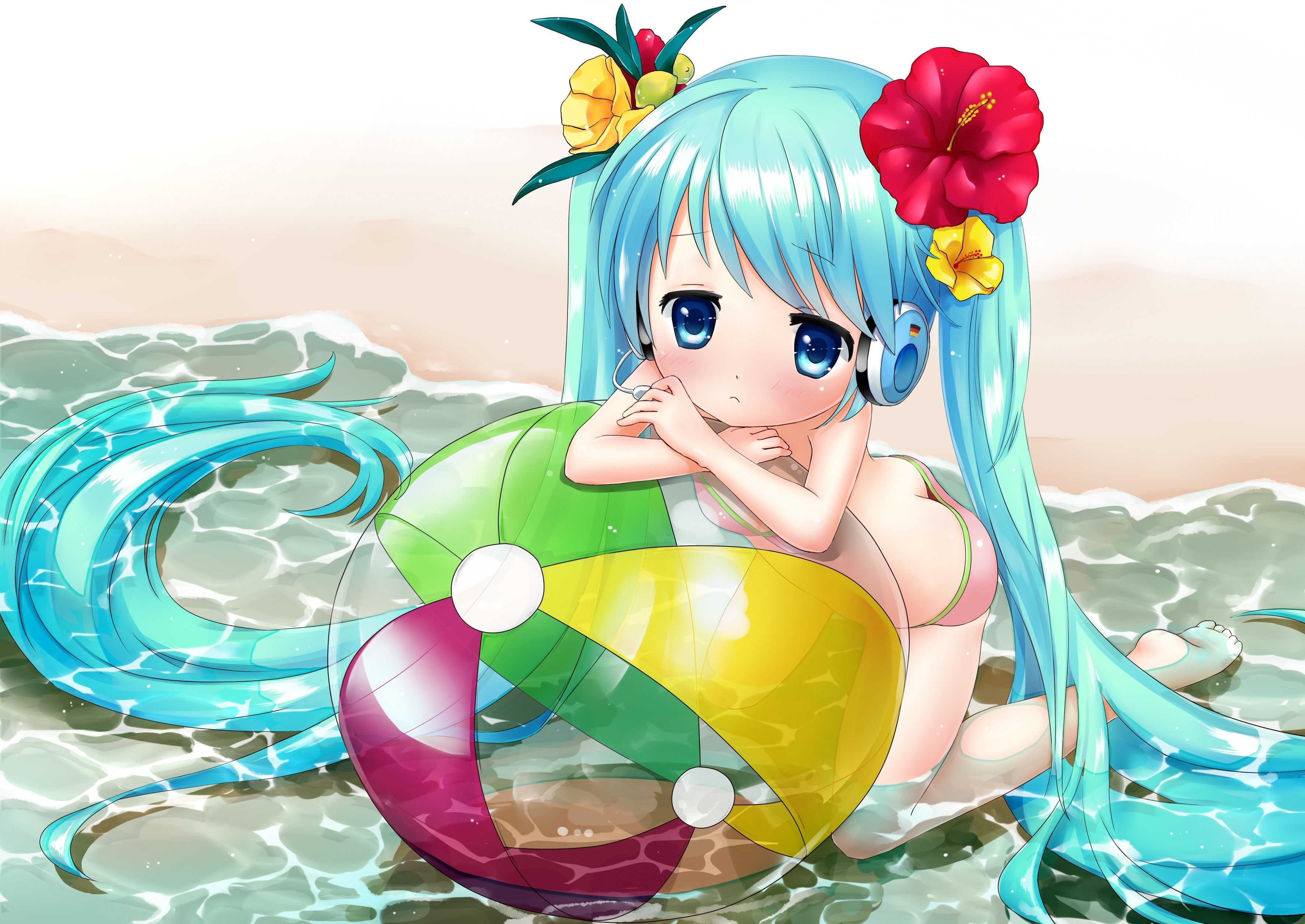 Hatsune Miku with beach ball on the beach HD Wallpaper