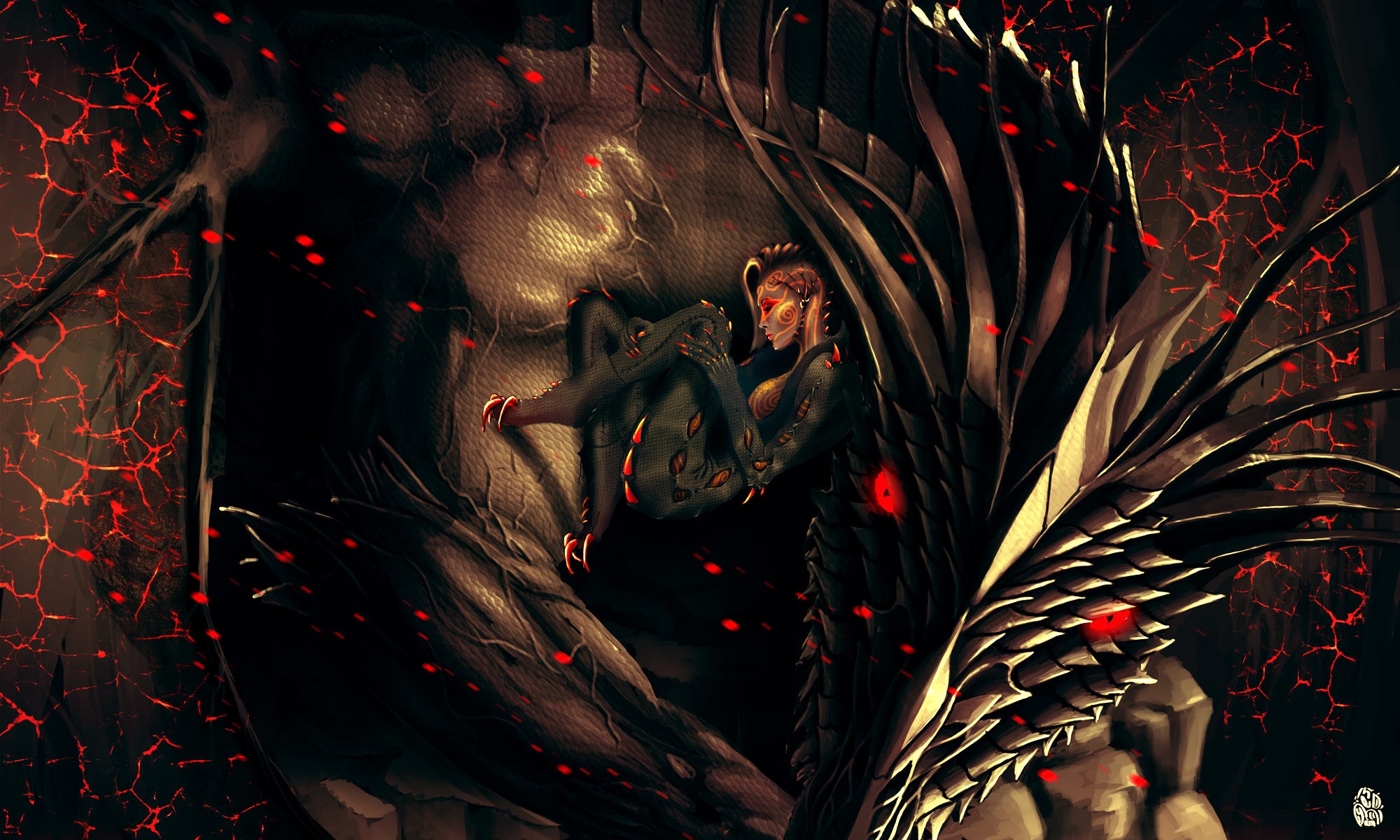 A reptilian humanoid with red eyes sits in a dark, rocky environment. HD Wallpaper