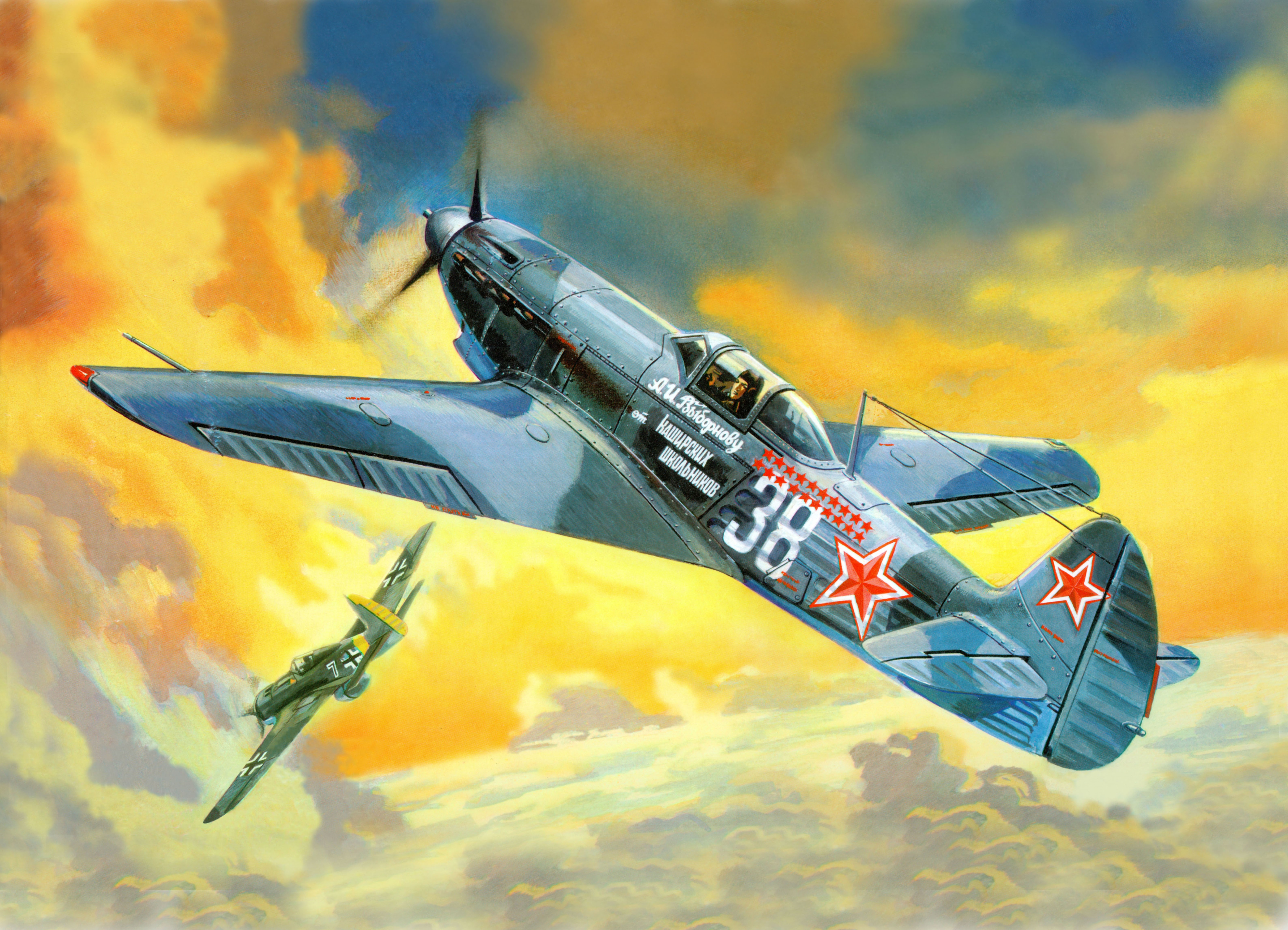 Yak-9 fighter plane in combat with a Messerschmitt Bf 109 HD Wallpaper