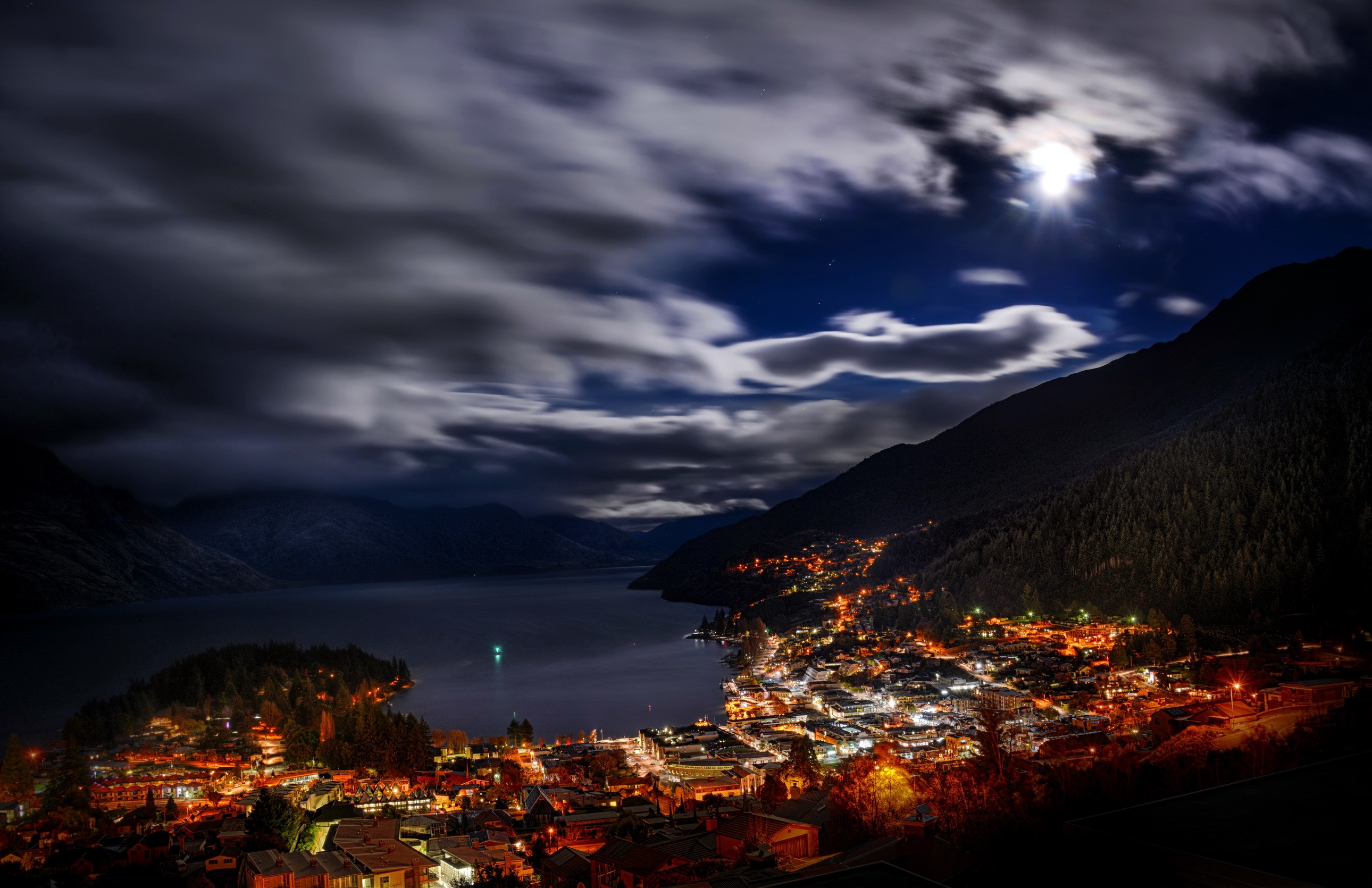 Queenstown, New Zealand at Night with Moon and Clouds HD Wallpaper