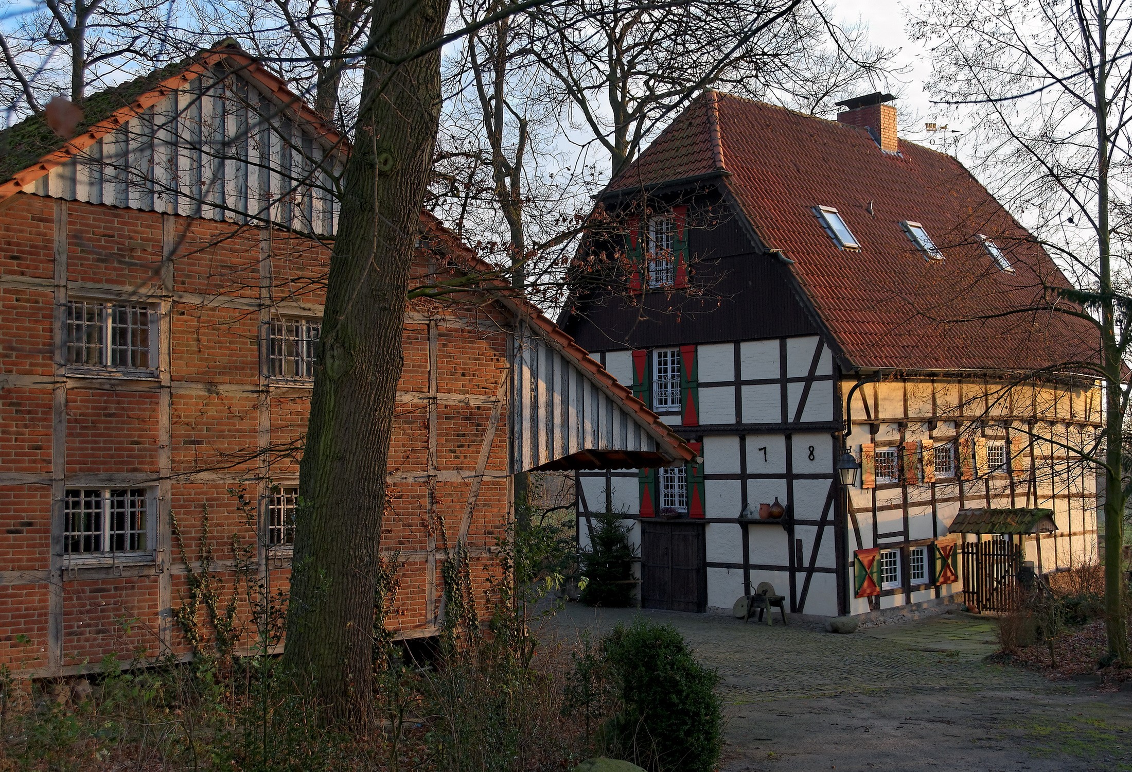 Half-timbered houses in a wooded area HD Wallpaper