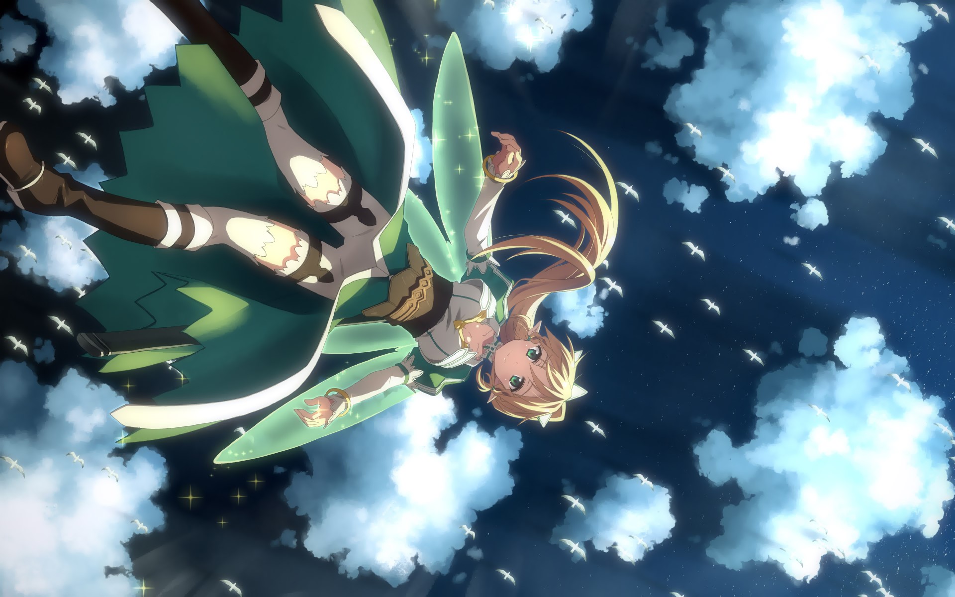 Leafa from Sword Art Online flying among birds and clouds HD Wallpaper