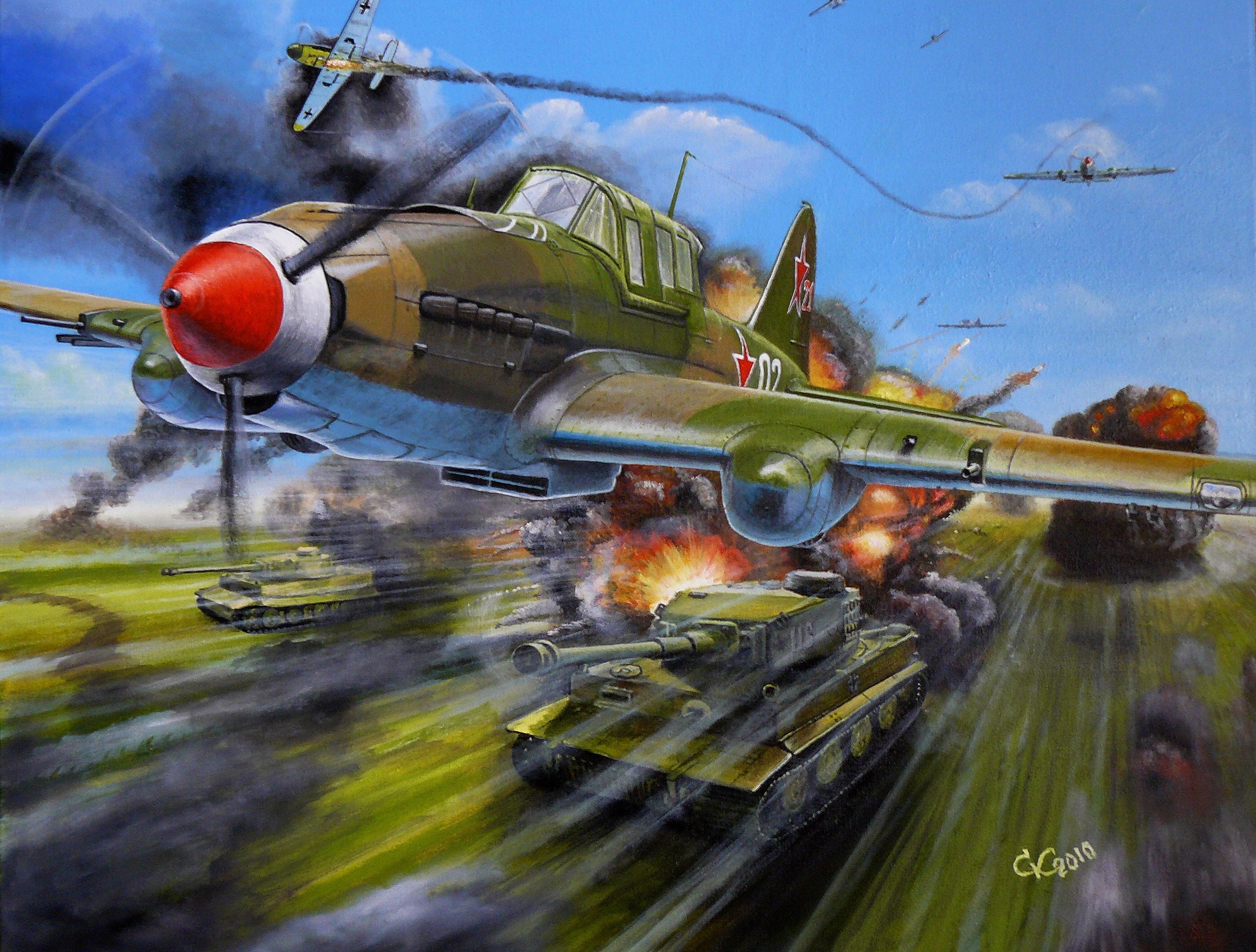 WWII Air Battle Painting with Tanks and Explosions HD Wallpaper
