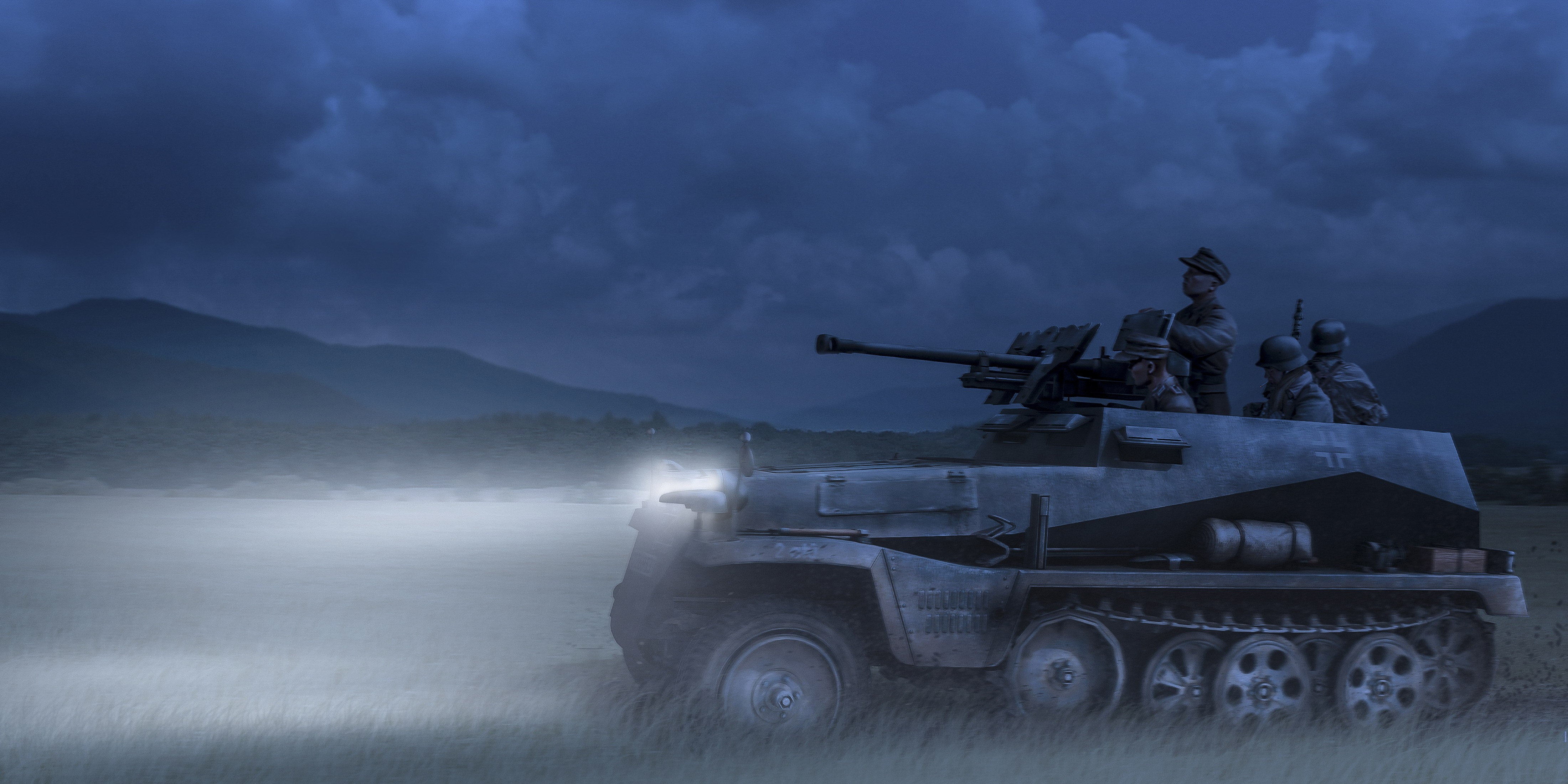 German halftrack with soldiers at night HD Wallpaper