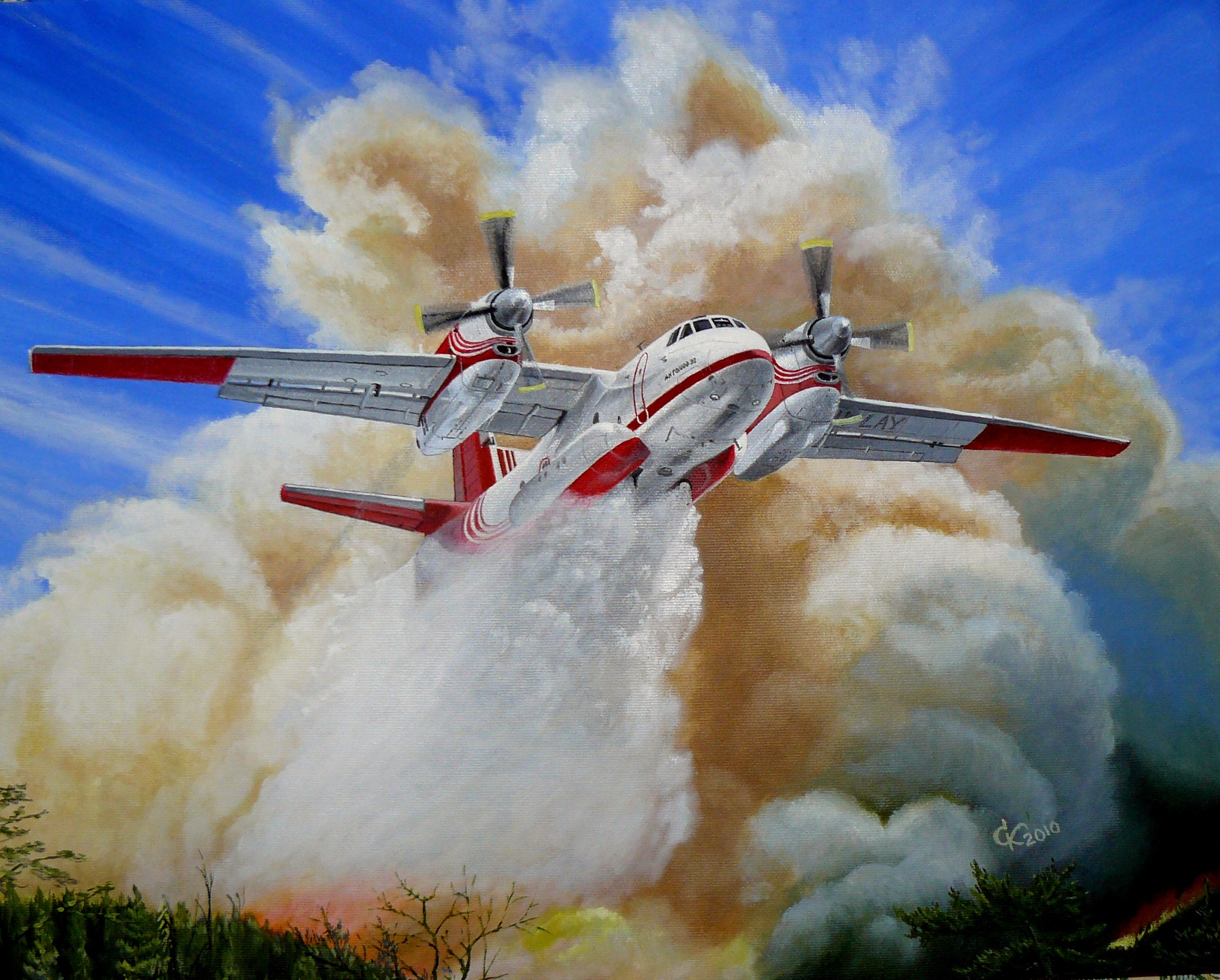 Firefighting plane dropping water on a forest fire HD Wallpaper