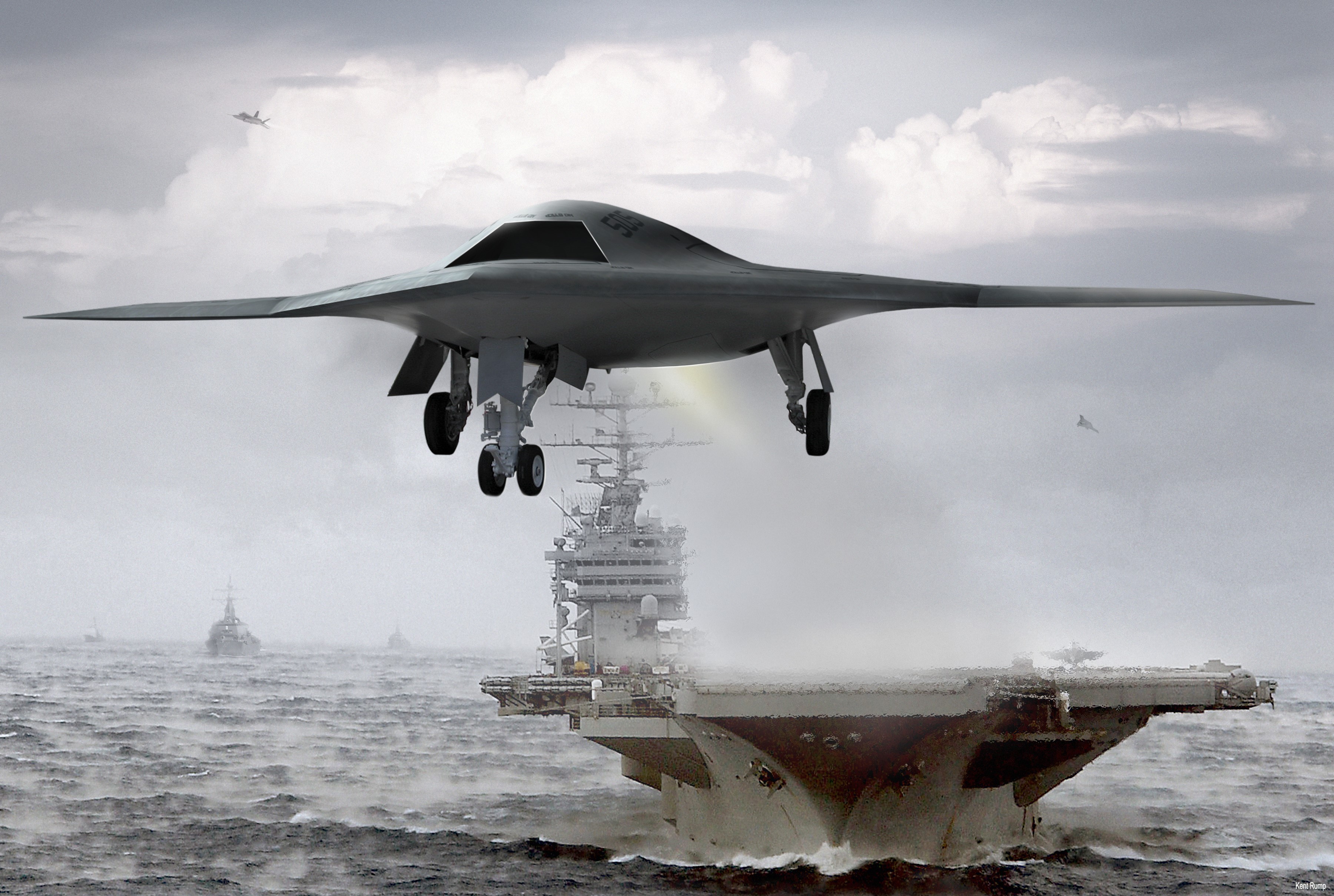 X-47B drone approaches aircraft carrier HD Wallpaper