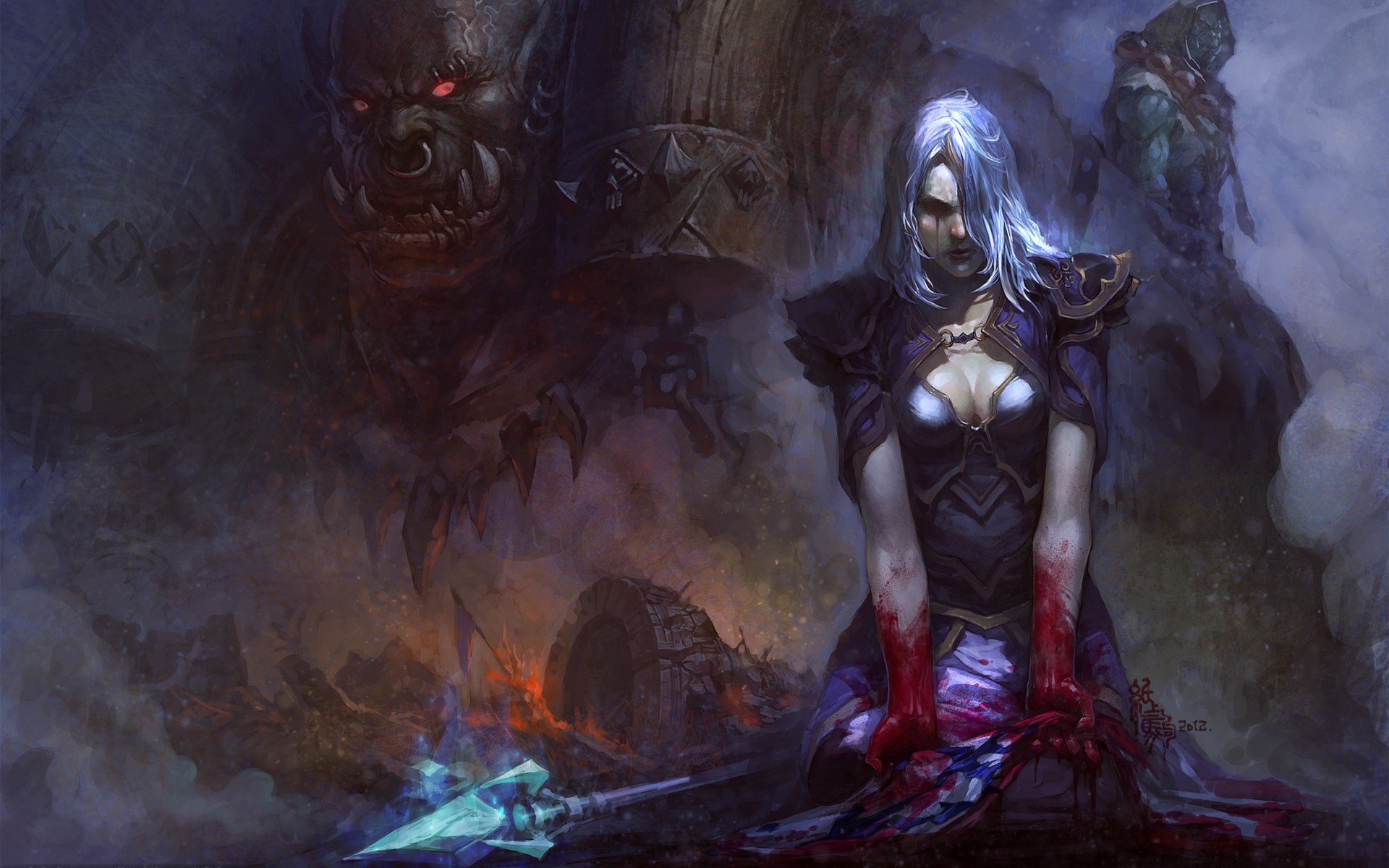 Woman covered in blood with Orc and monster in World of WarCraft HD Wallpaper
