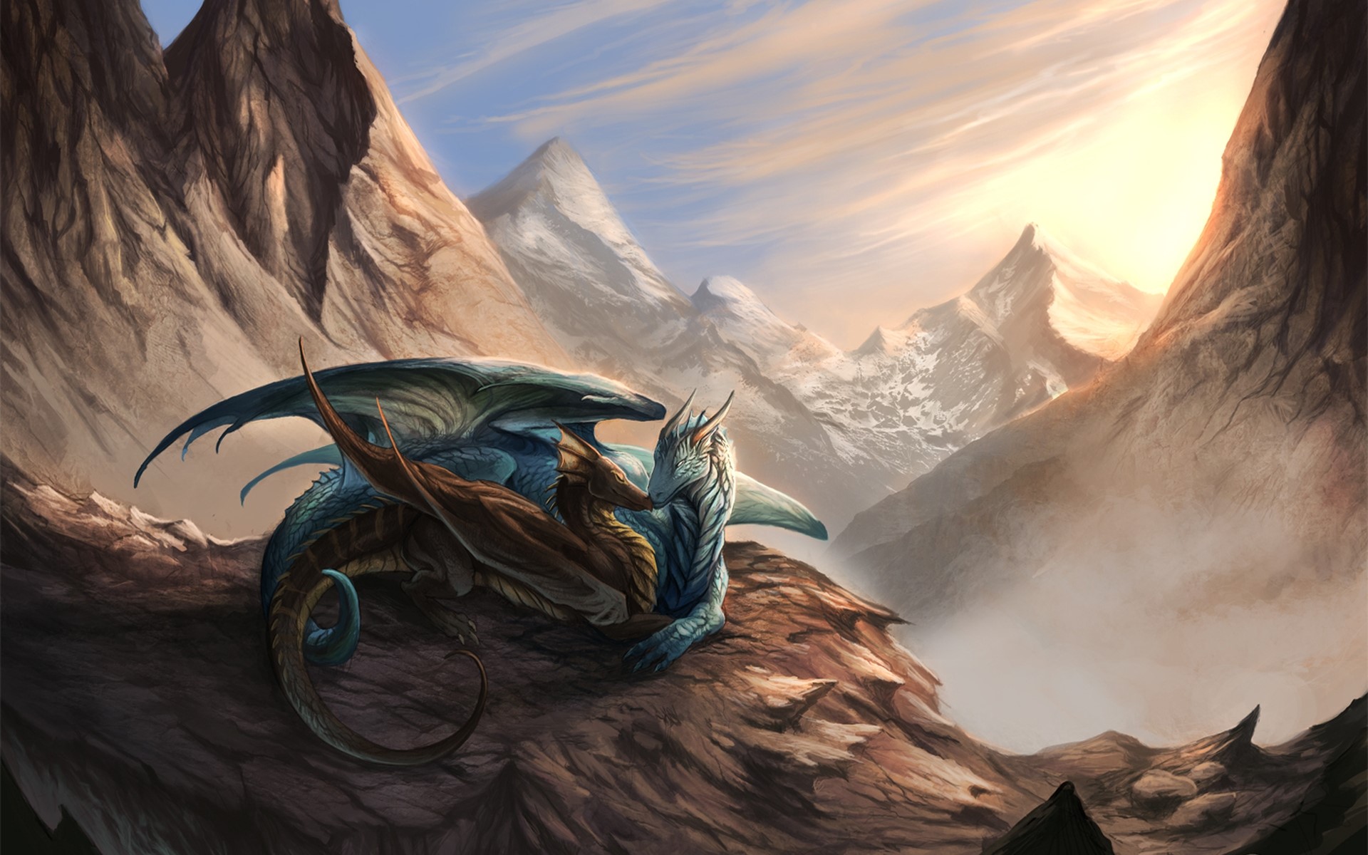 Two dragons embracing on a rocky mountain ledge HD Wallpaper