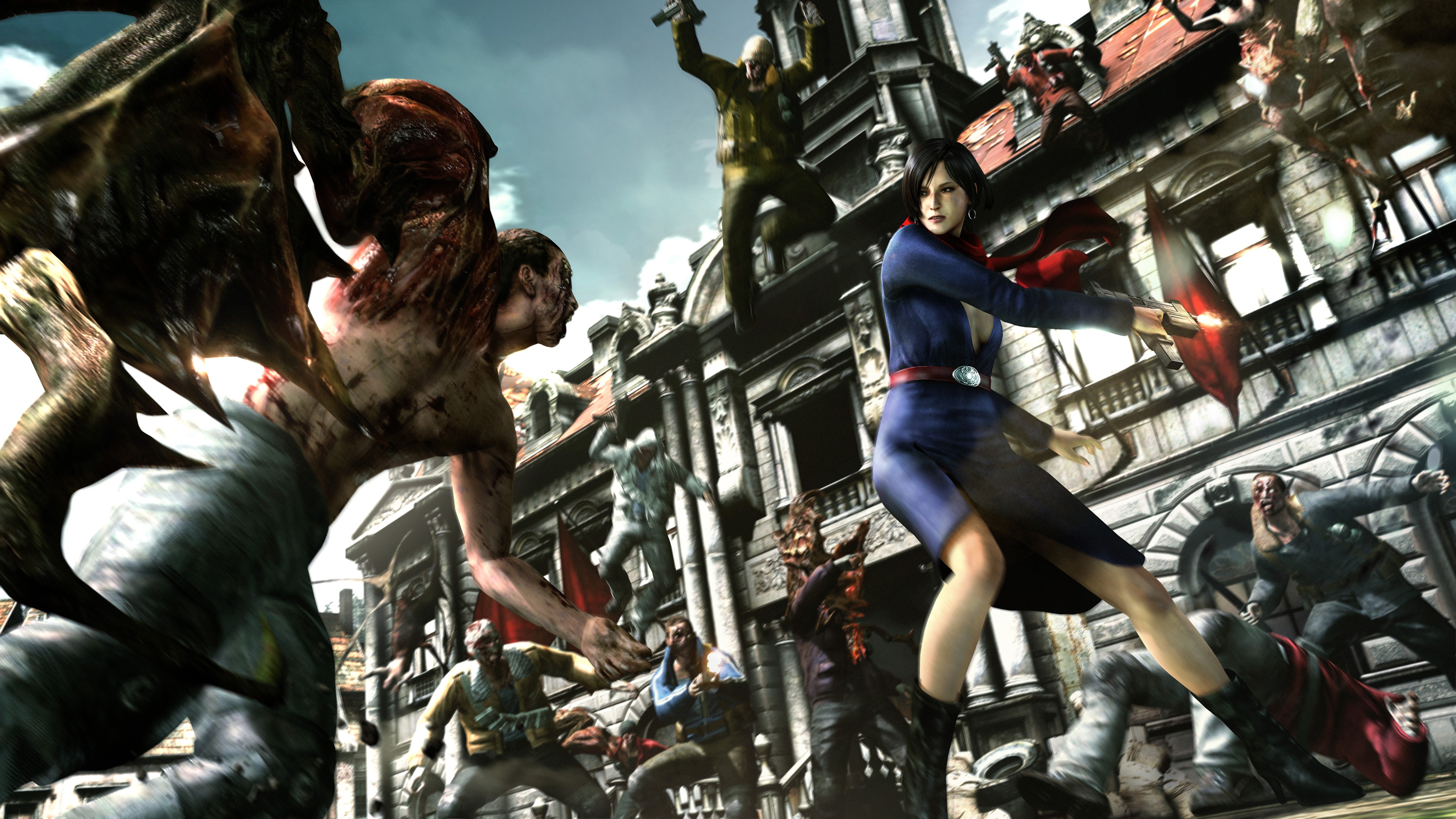 Resident Evil characters fighting monsters in a city HD Wallpaper