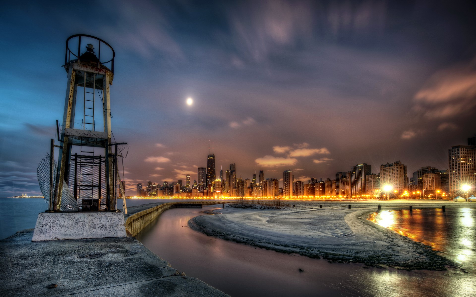 Chicago City Skyline at Night with Lighthouse HD Wallpaper
