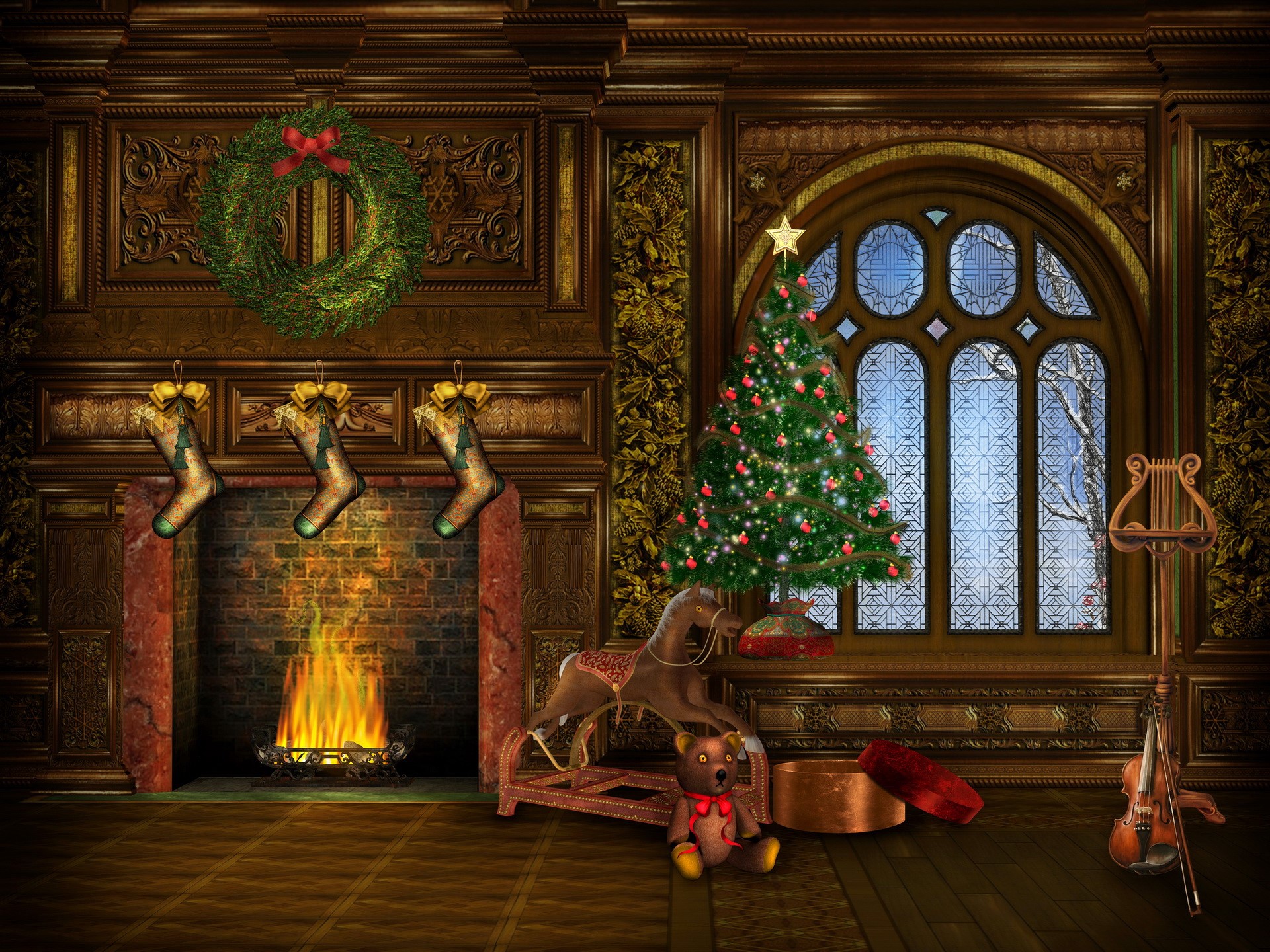 Christmas scene with fireplace, tree, and gifts HD Wallpaper