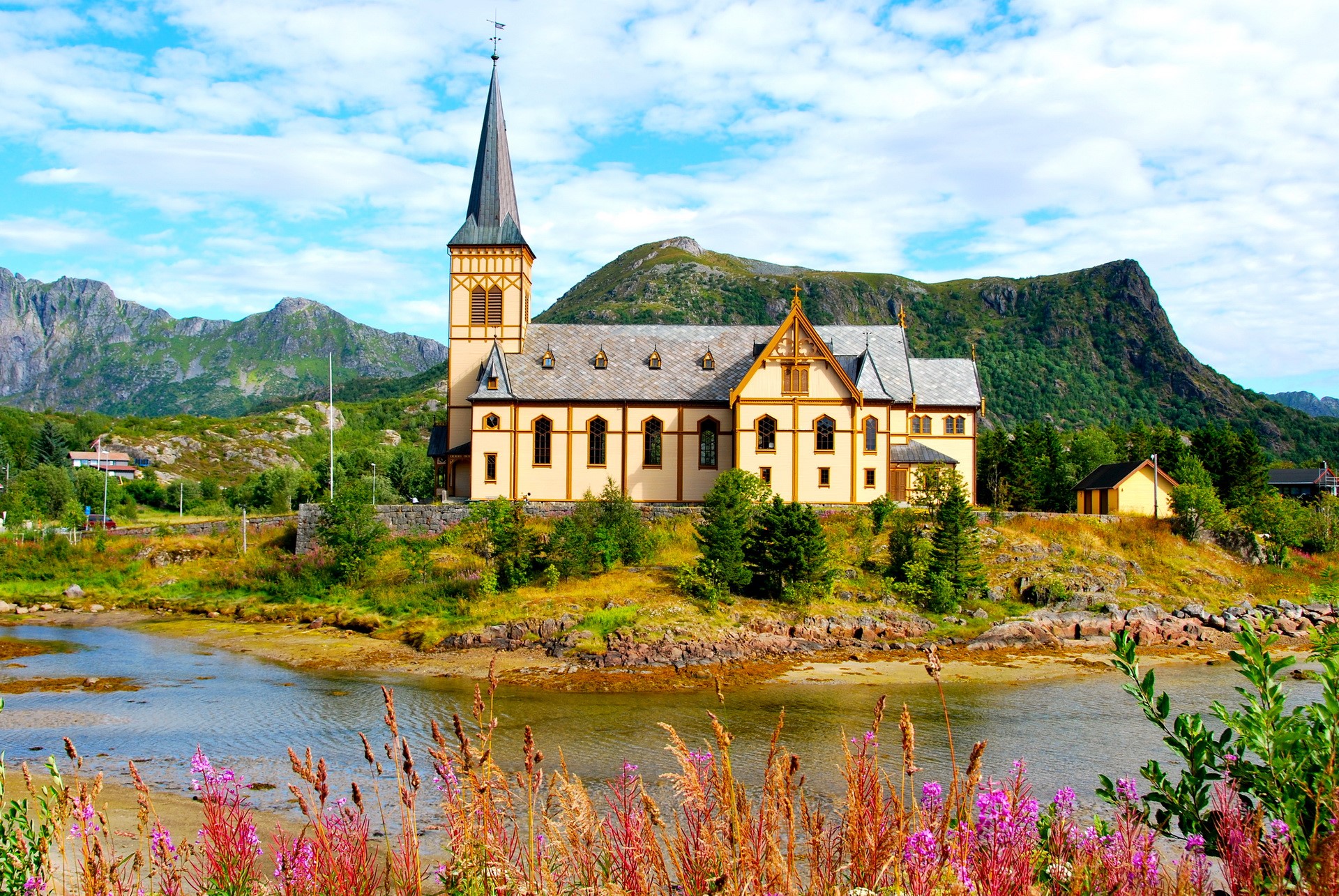 Church in Norway with Mountains and Water HD Wallpaper