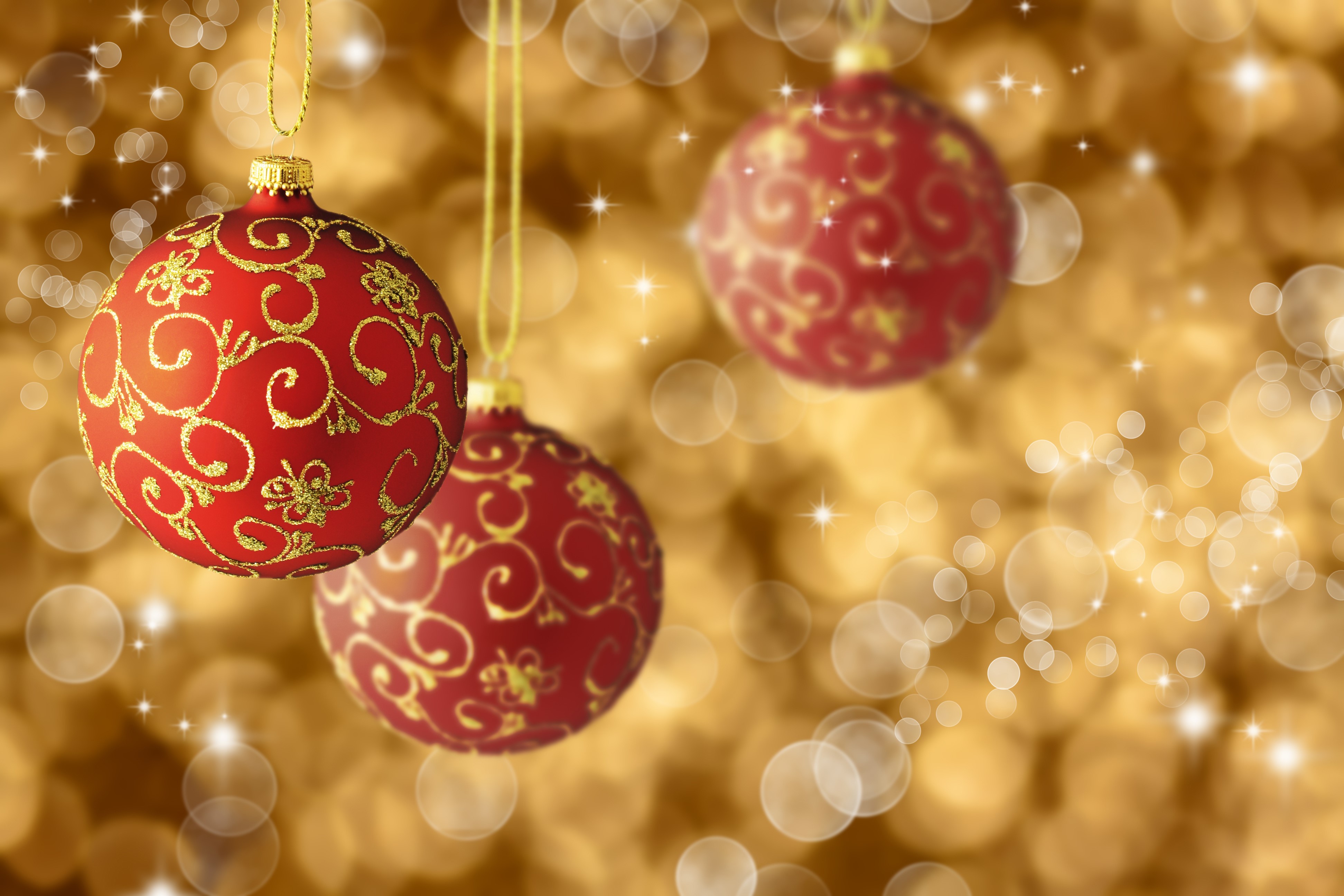 Christmas Ornaments with Golden Bokeh Background HD Wallpaper