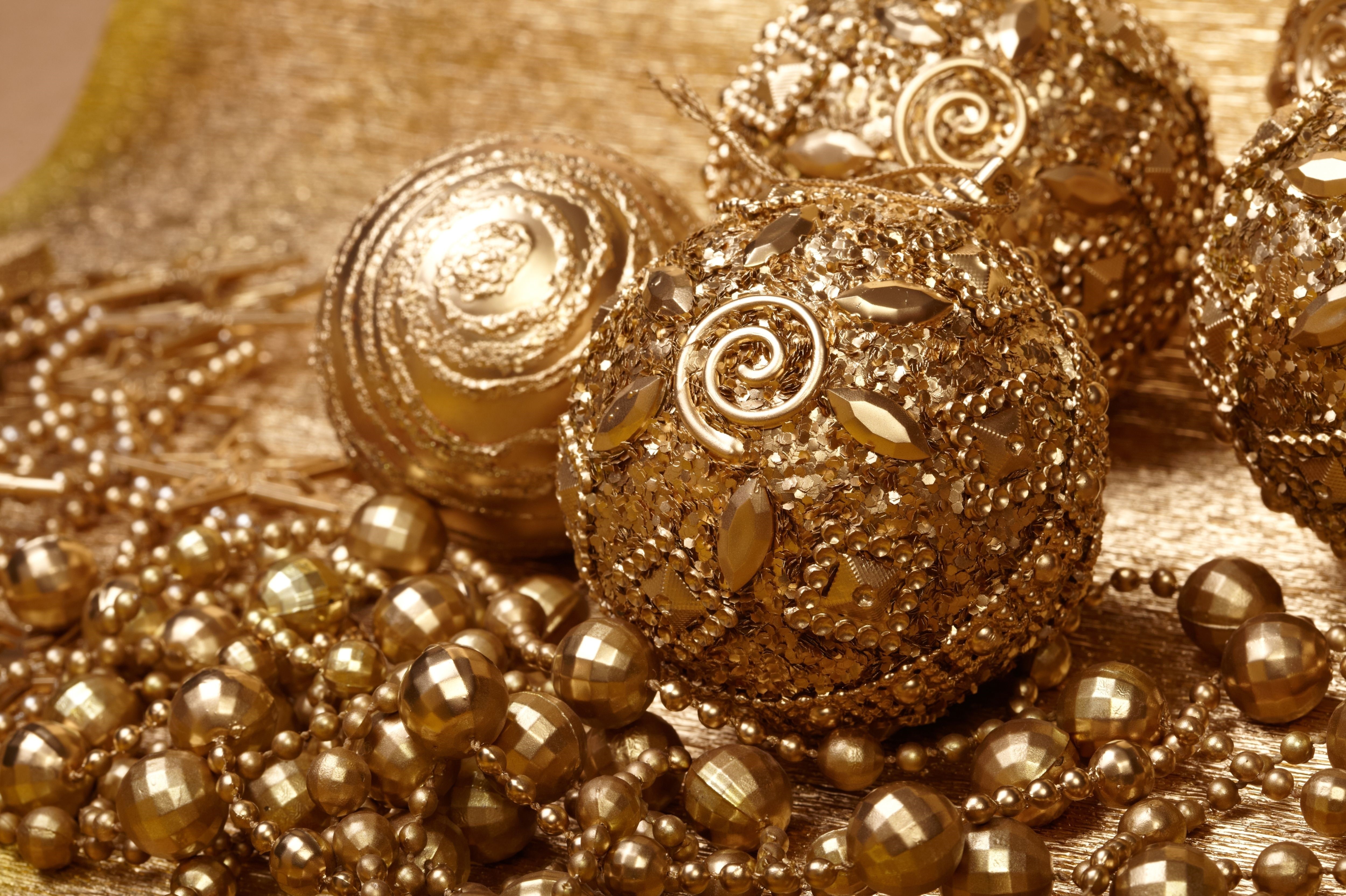 Golden Christmas Ornaments and Beads HD Wallpaper