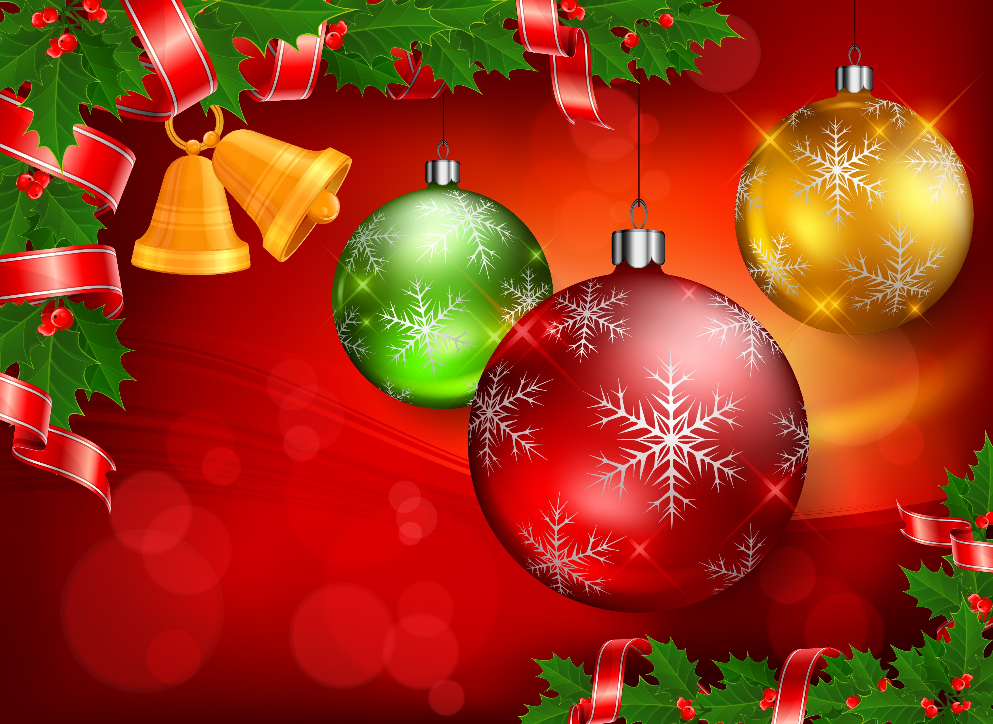 Christmas Ornaments and Bells with Holly and Ribbons HD Wallpaper