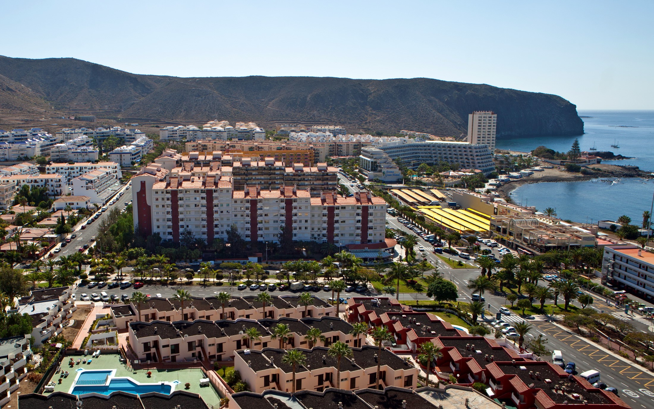 Aerial view of coastal town in Canary Islands, Spain HD Wallpaper