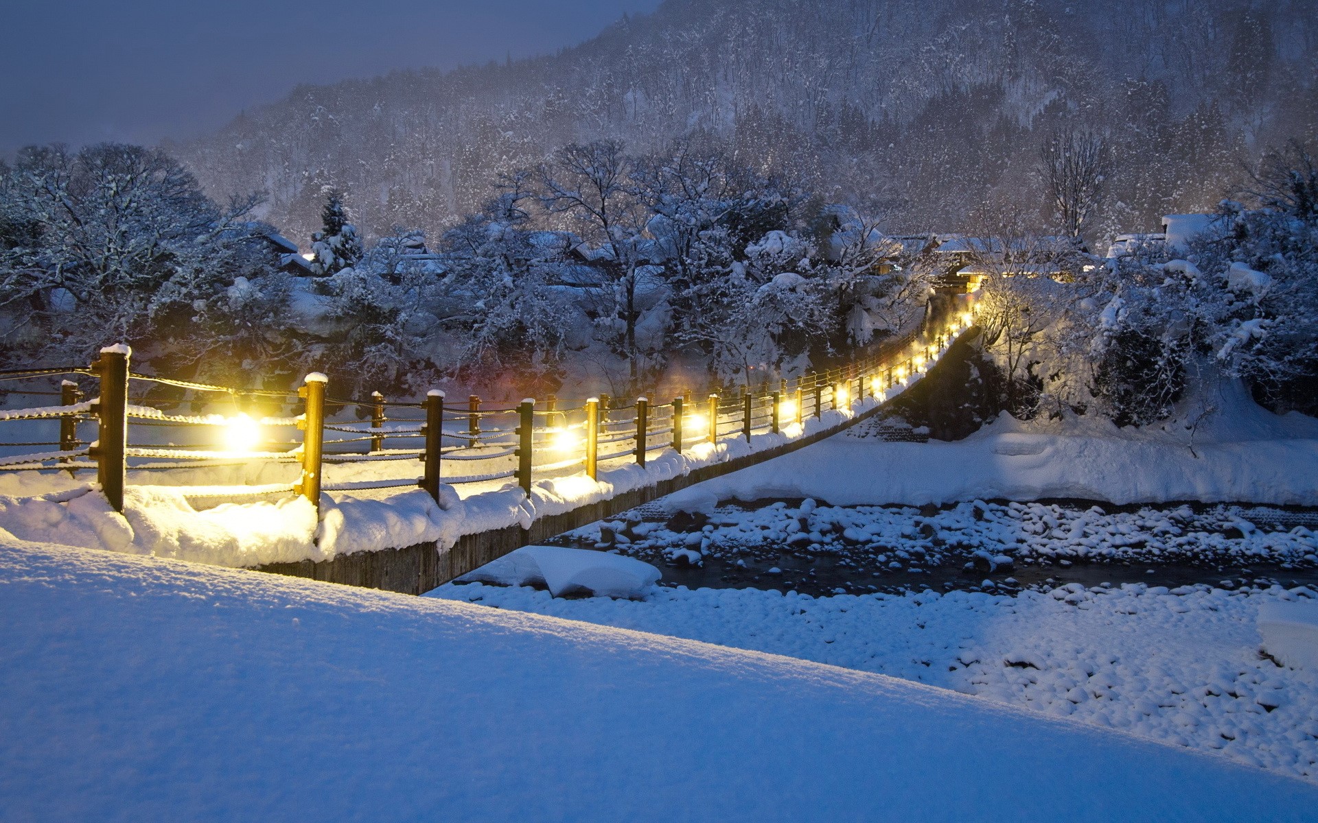 Snowy suspension bridge at night with street lights HD Wallpaper