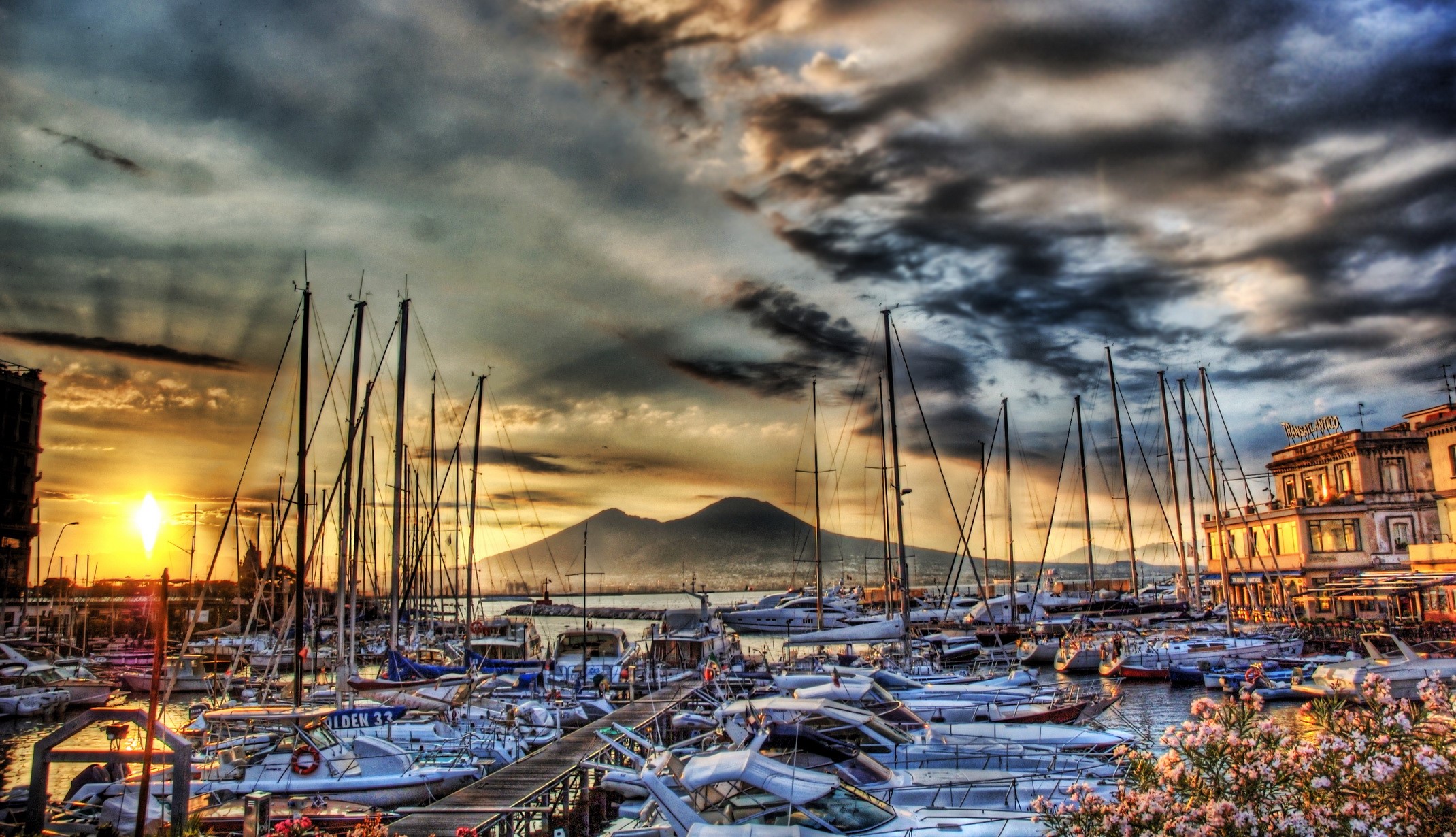 Marina with Mount Vesuvius at Sunset, Italy HD Wallpaper