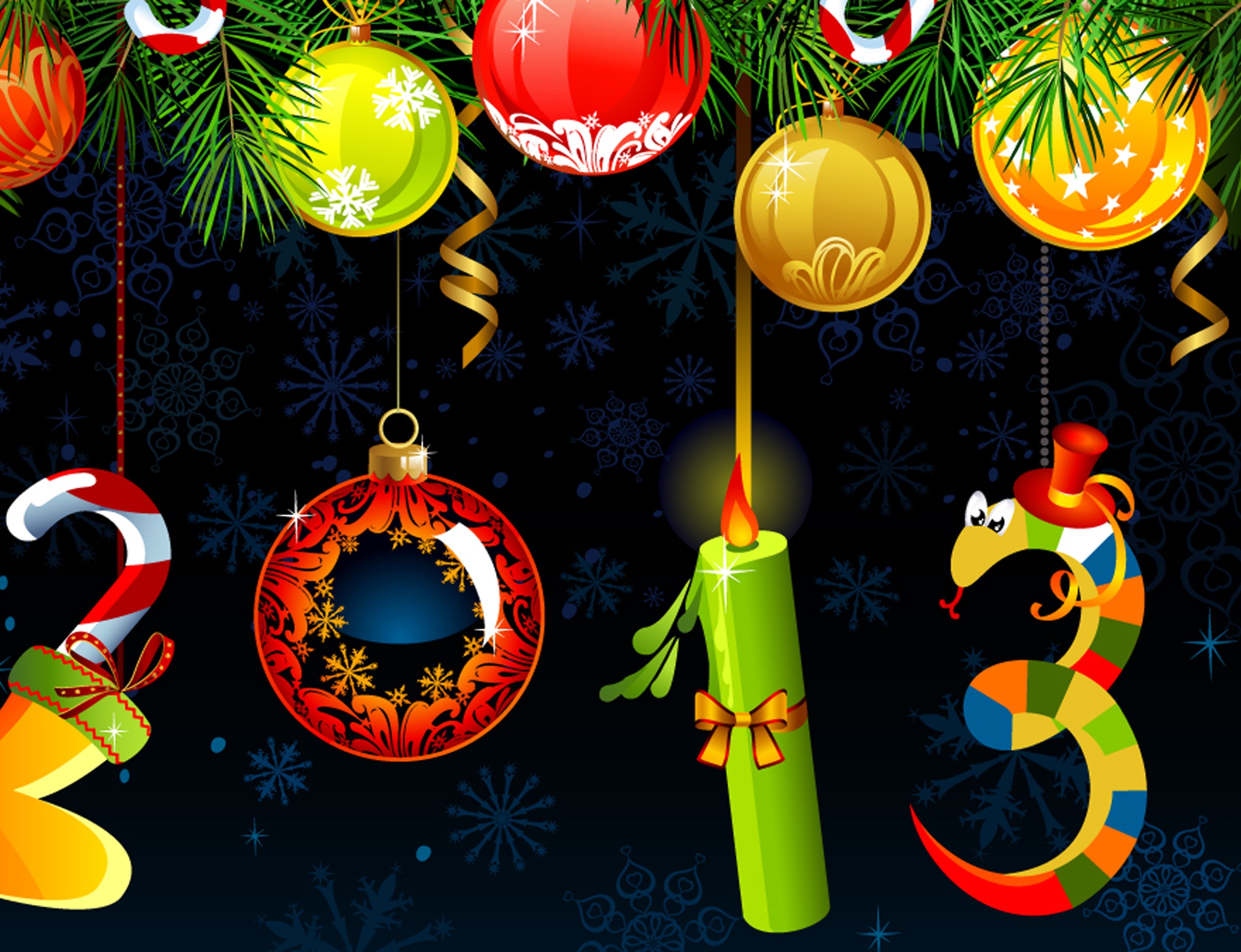 Christmas ornaments and candle with 2013 snake HD Wallpaper