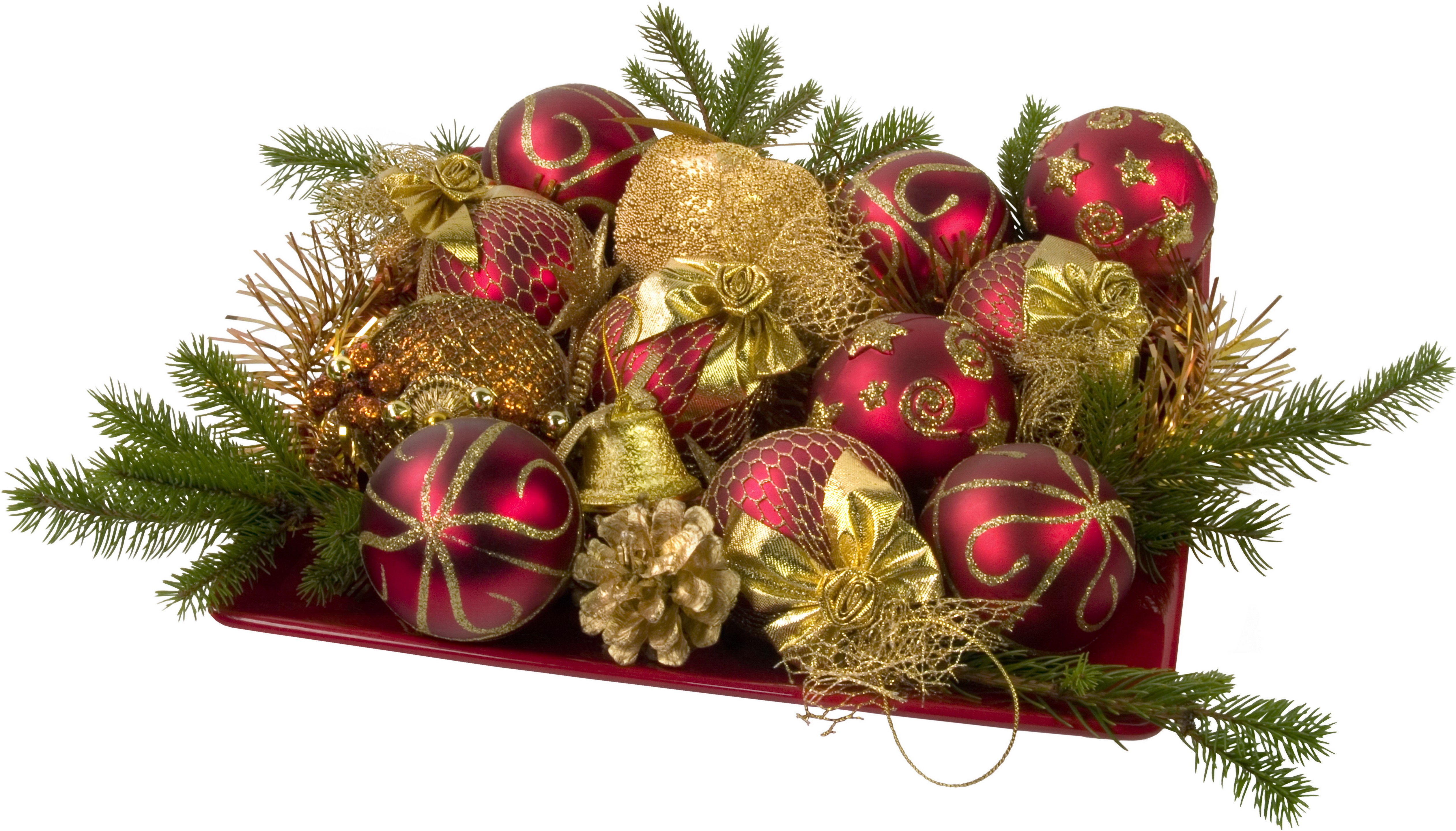 Christmas ornaments and pine branches on a red tray HD Wallpaper