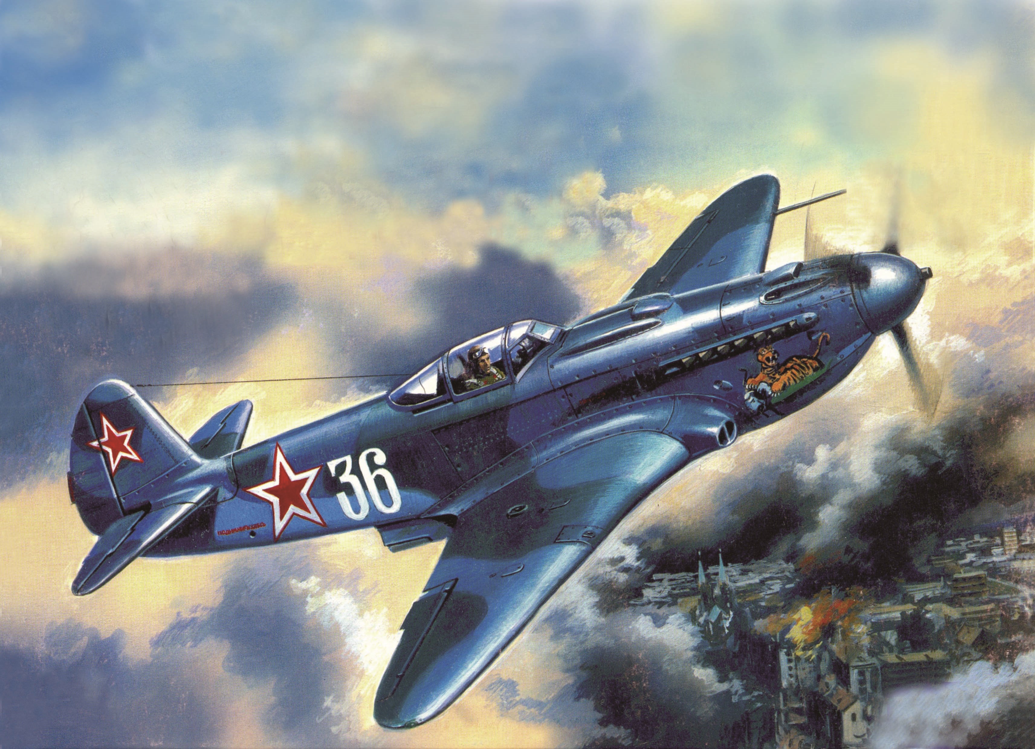 Soviet fighter plane flying over a burning city HD Wallpaper