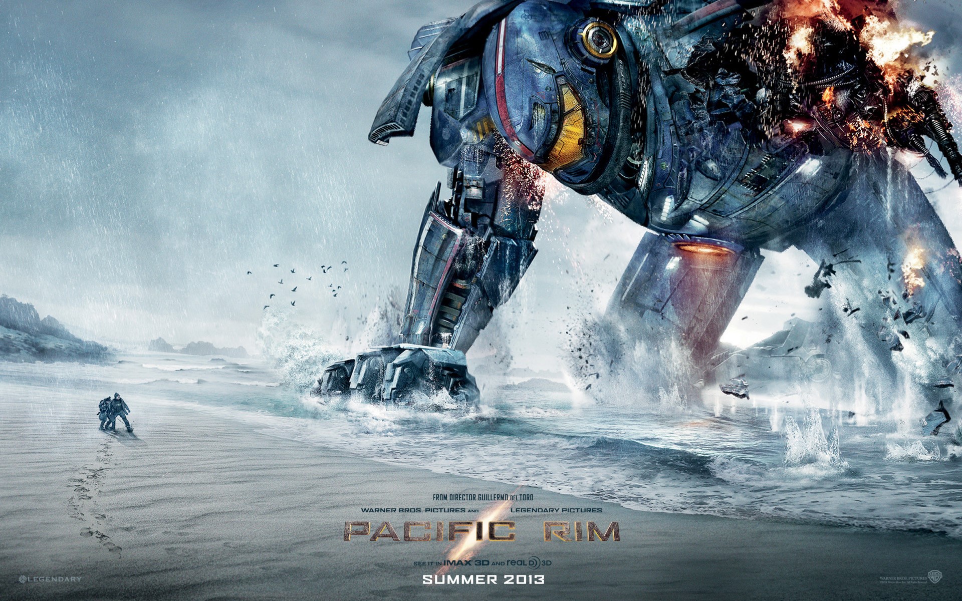 Pacific Rim Jaeger and Kaiju battle on a beach HD Wallpaper