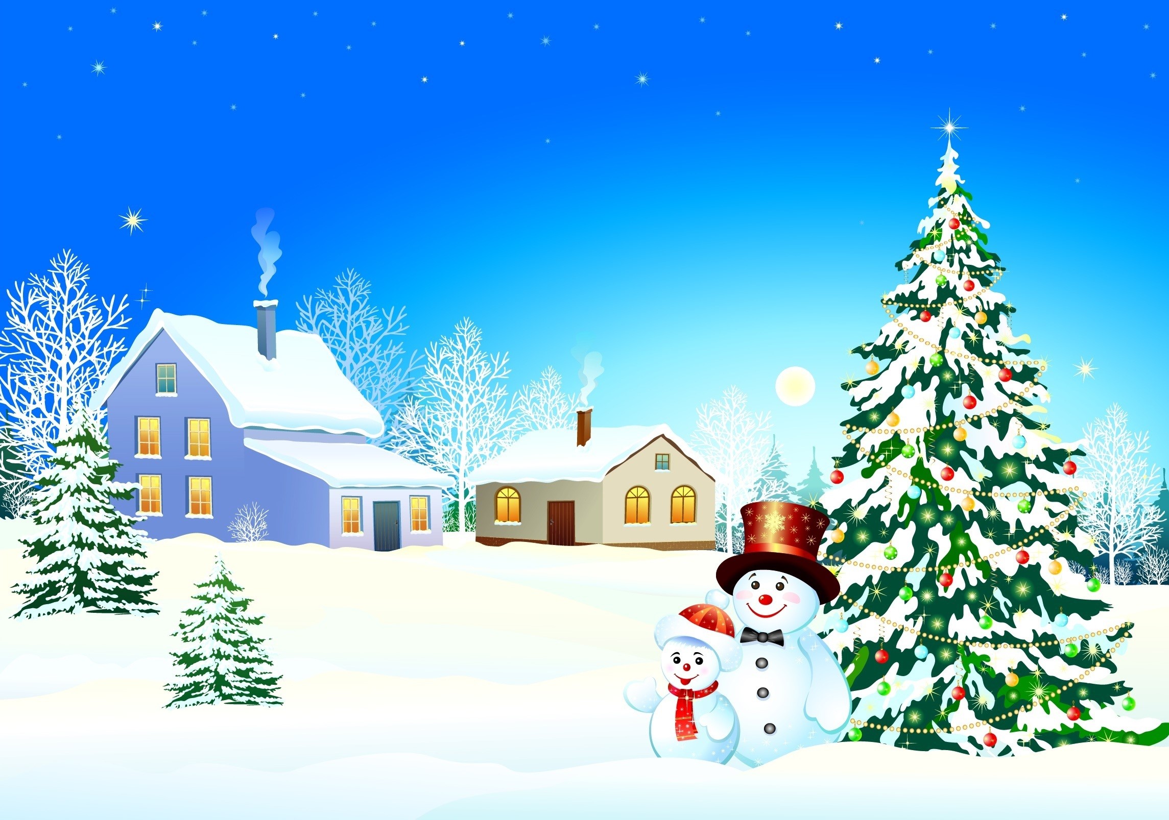 Christmas scene with snowmen and decorated tree HD Wallpaper