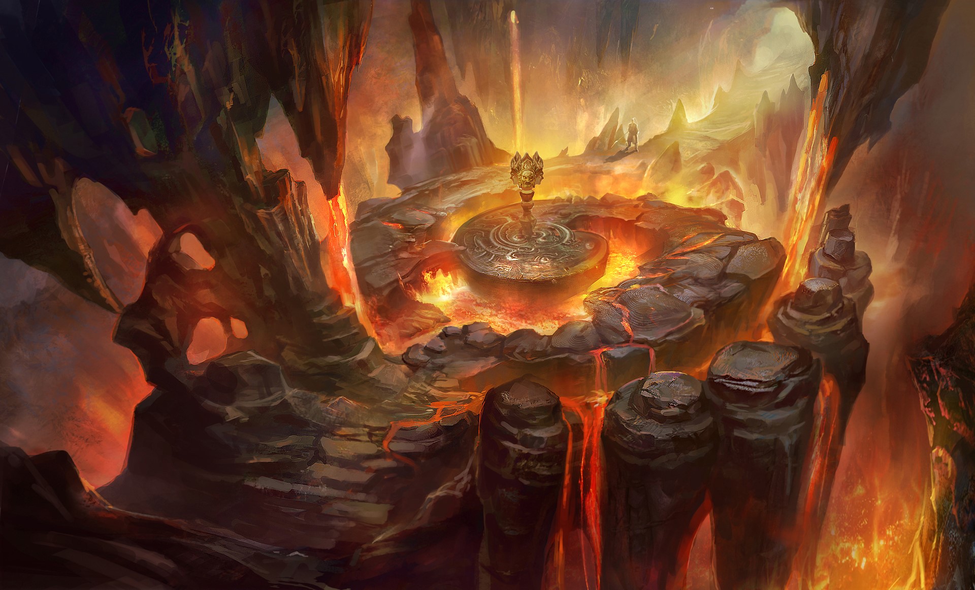 A volcanic cave with a central altar and lava flows HD Wallpaper