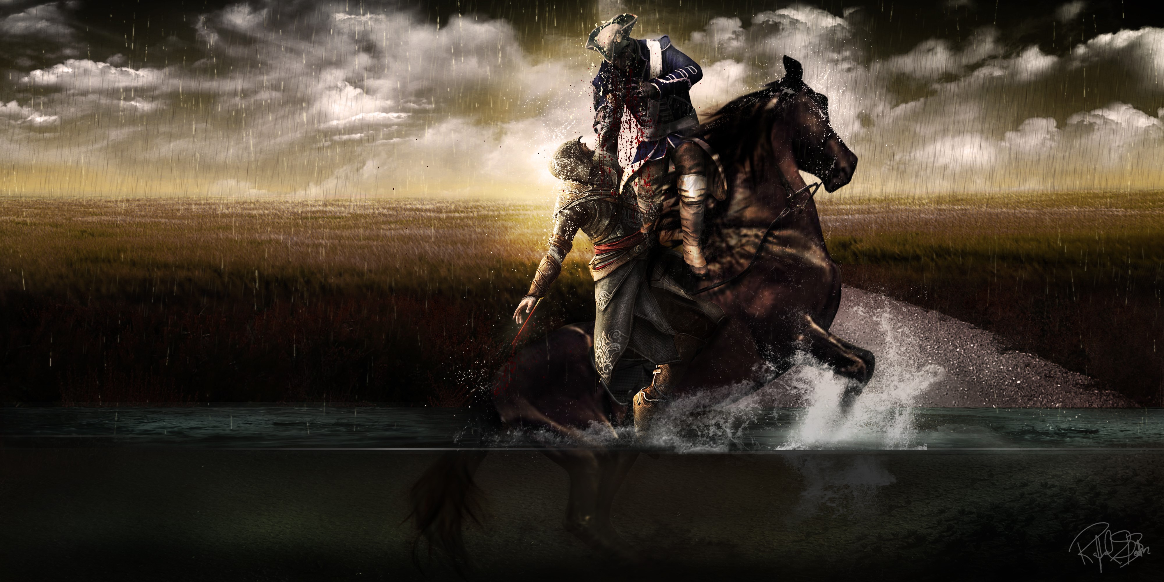 Assassin's Creed 3 Warriors on Horseback in Rain HD Wallpaper
