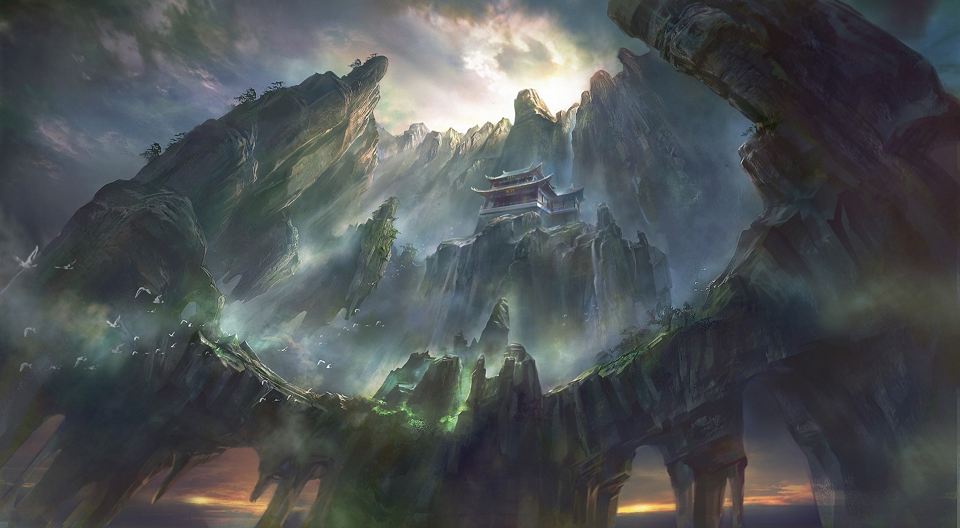 Fantasy mountains with ancient temple and birds HD Wallpaper