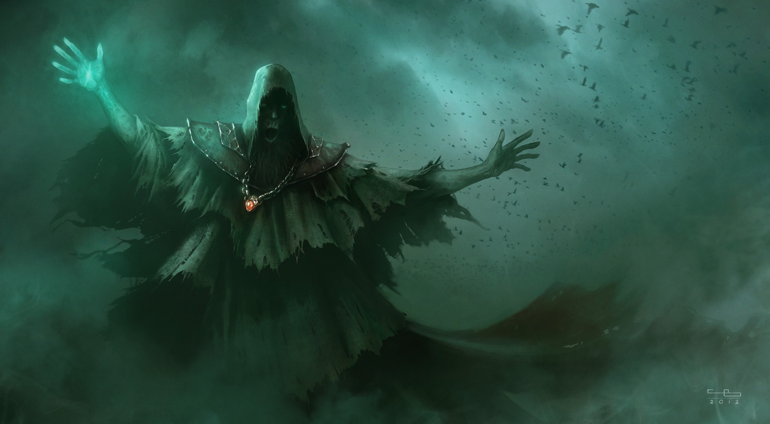 A terrifying undead sorcerer with glowing hands and a swarm of birds HD Wallpaper
