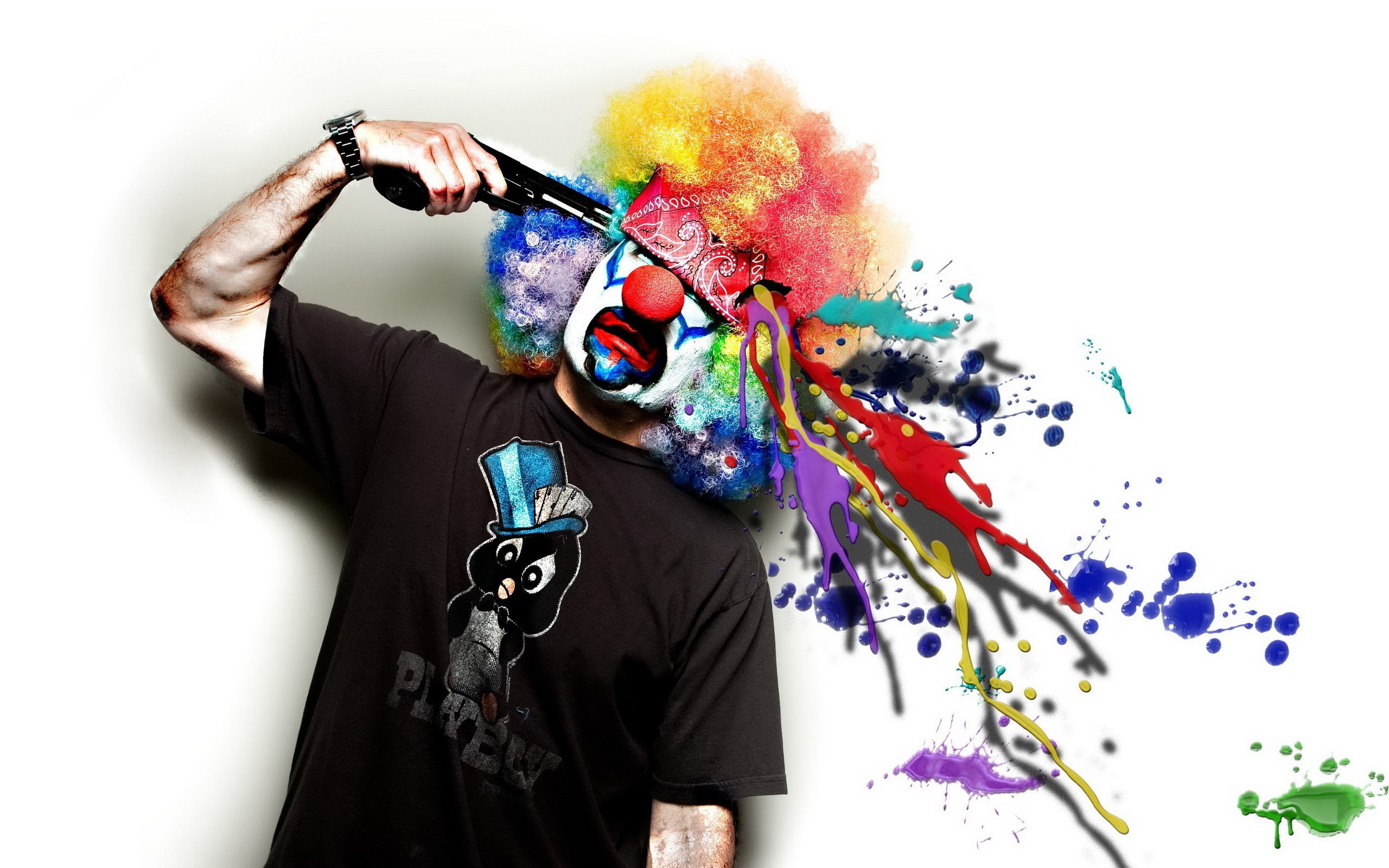 Clown with gun and paint splatters HD Wallpaper