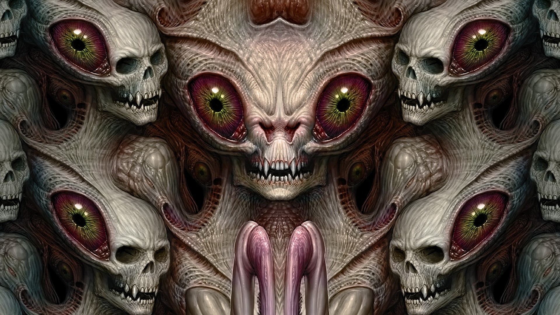 Surreal horror collage of monstrous skulls and eyes HD Wallpaper