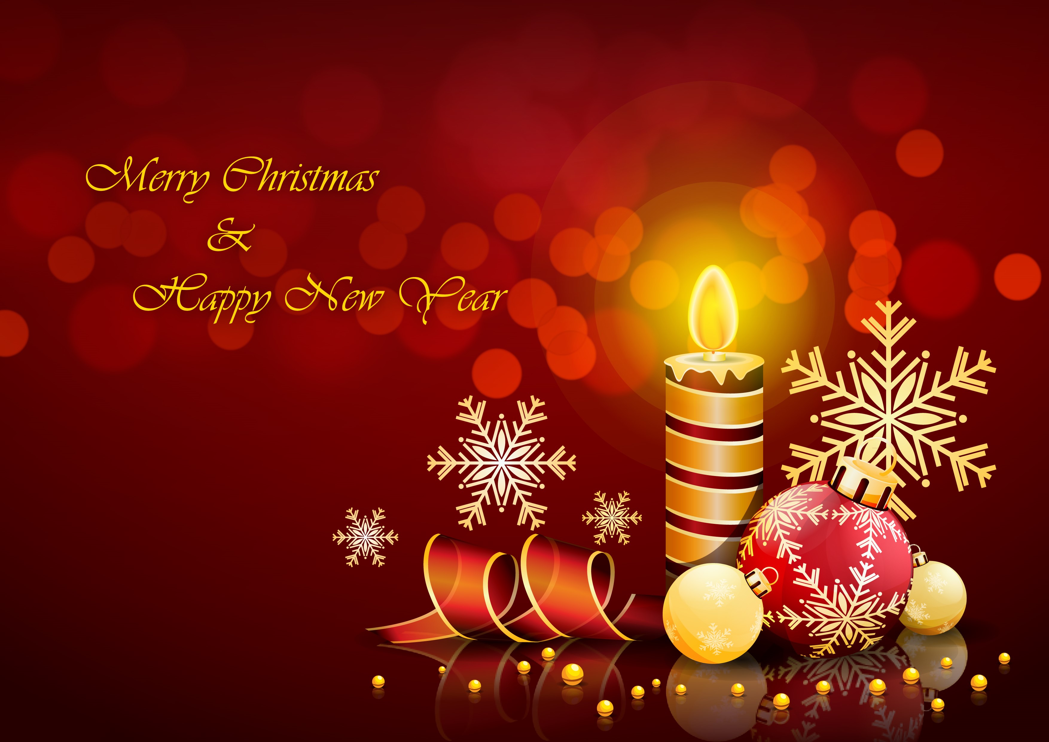 Merry Christmas and Happy New Year Candle and Ornaments HD Wallpaper
