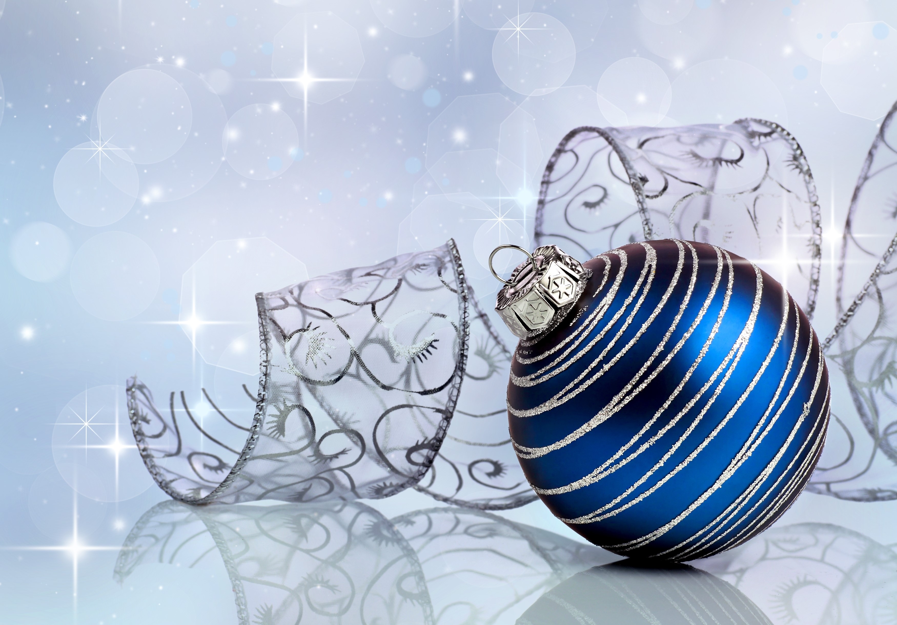 Blue Christmas Ornament with Silver Ribbon HD Wallpaper