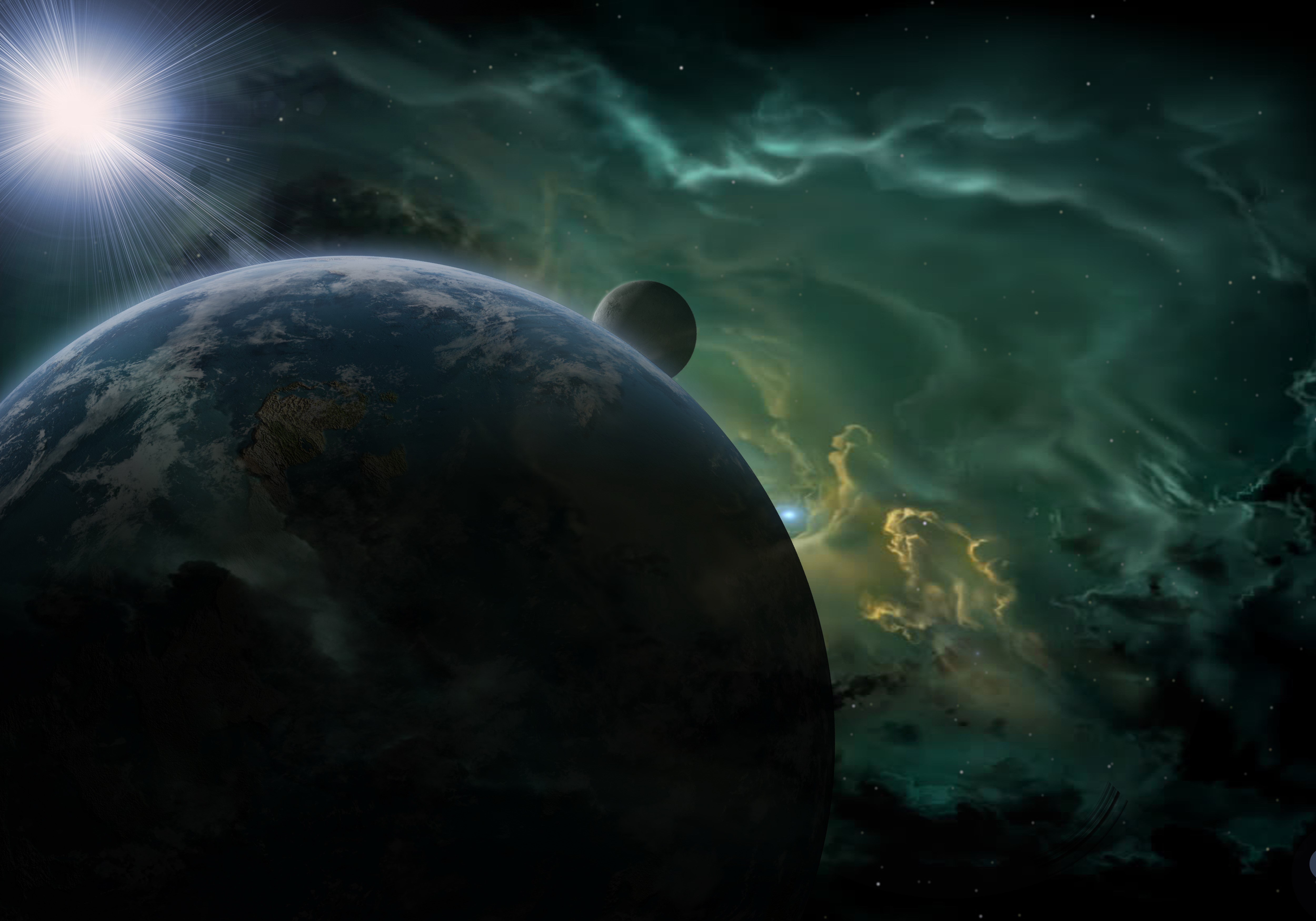 Planets and nebulae with sun rays HD Wallpaper