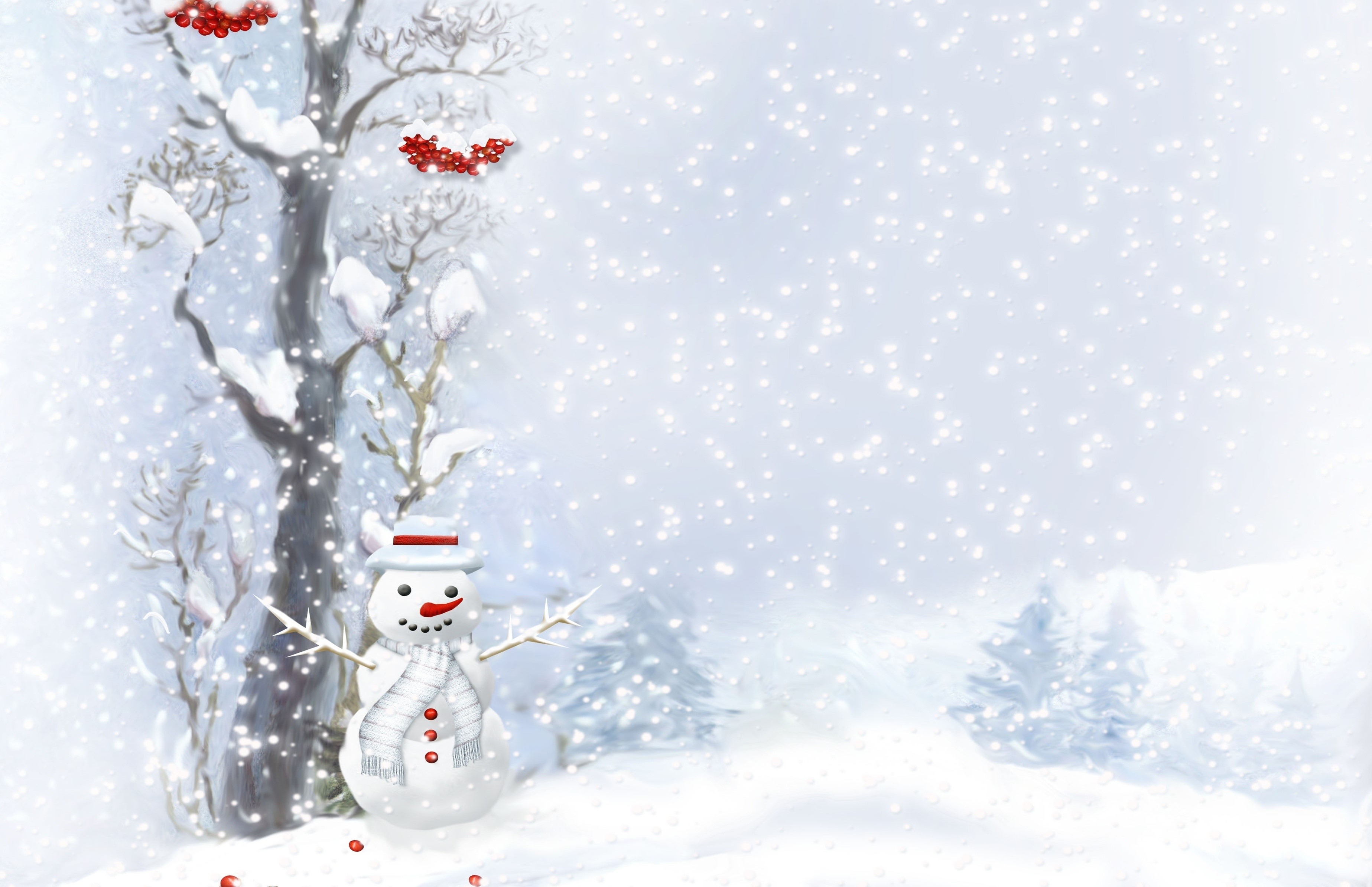 Snowman in a snowy forest with red berries HD Wallpaper
