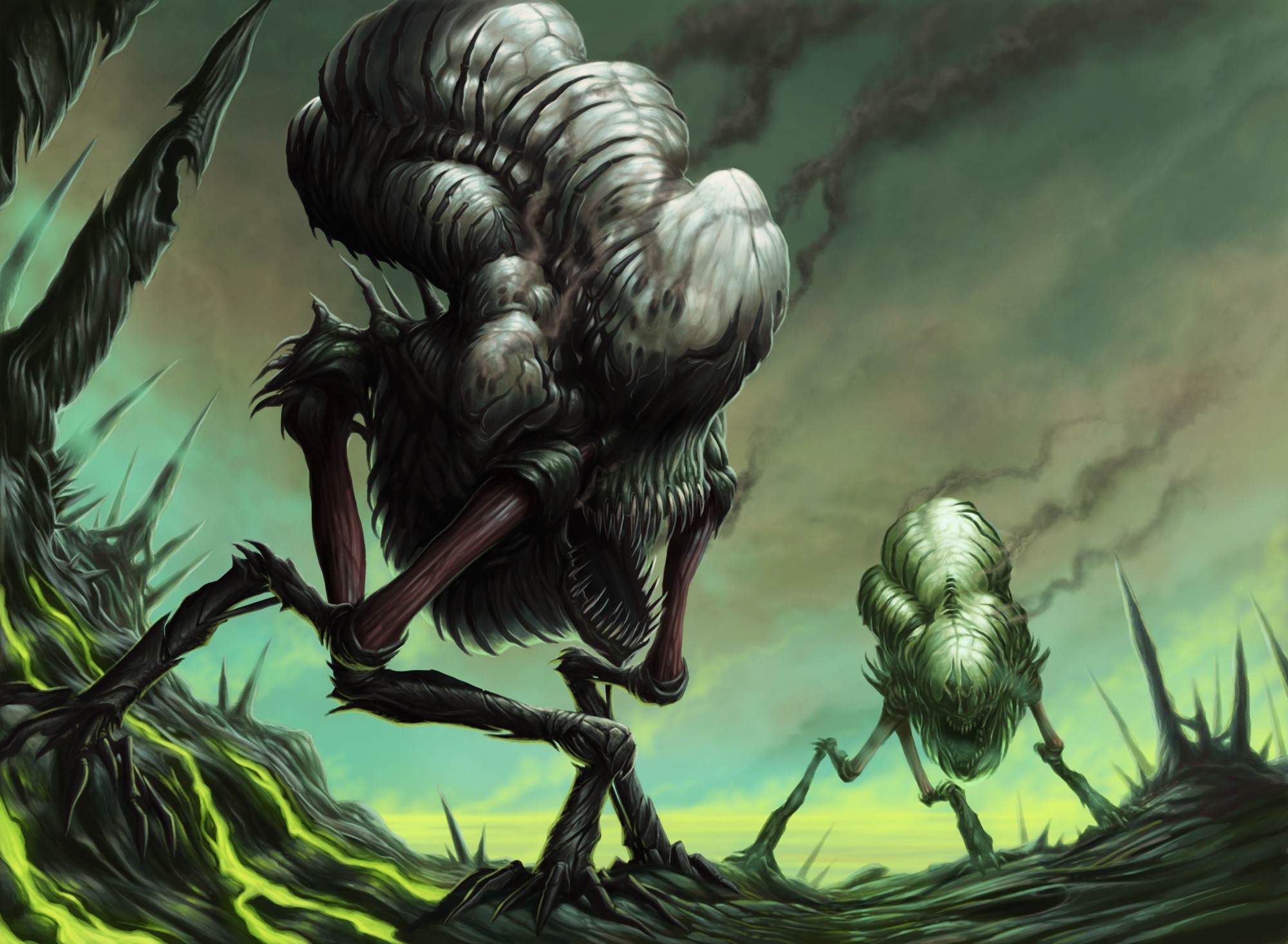 Two grotesque alien monsters in a desolate landscape HD Wallpaper
