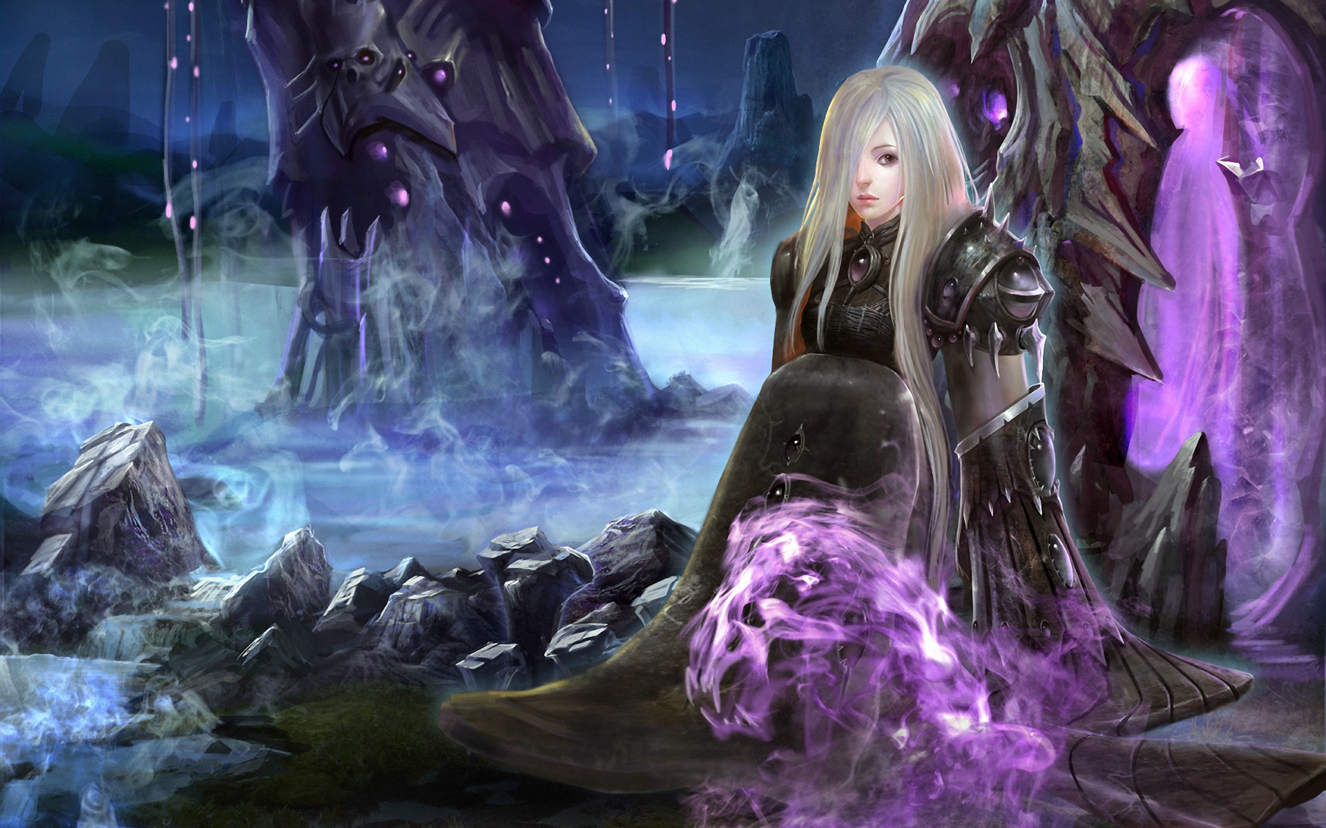 Woman with white hair and armor in a mystical landscape HD Wallpaper