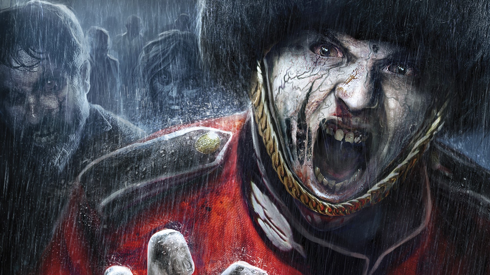 Zombie soldier in red uniform in the rain HD Wallpaper