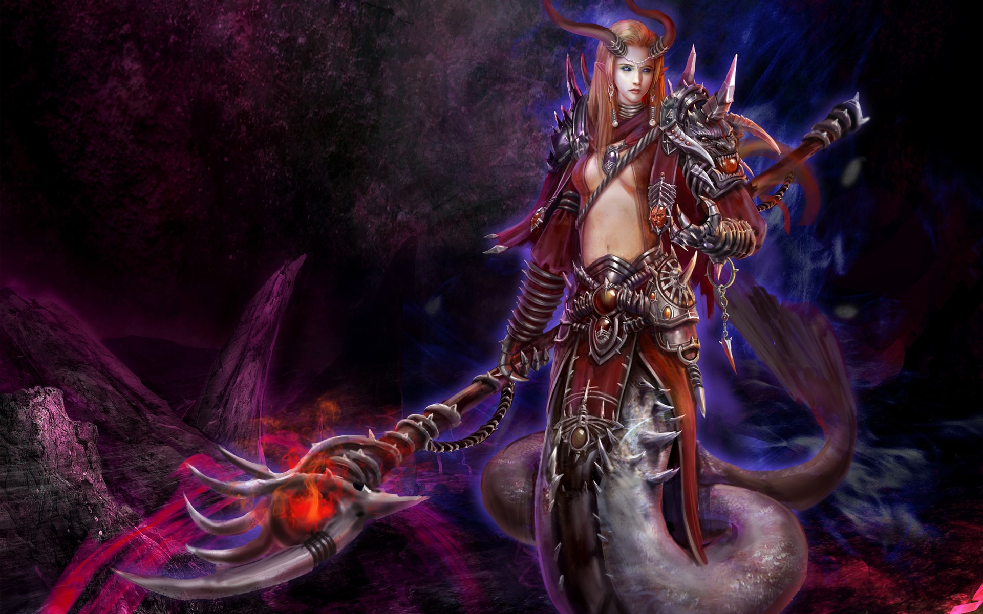 Demon warrior with horns and staff in dark fantasy landscape HD Wallpaper