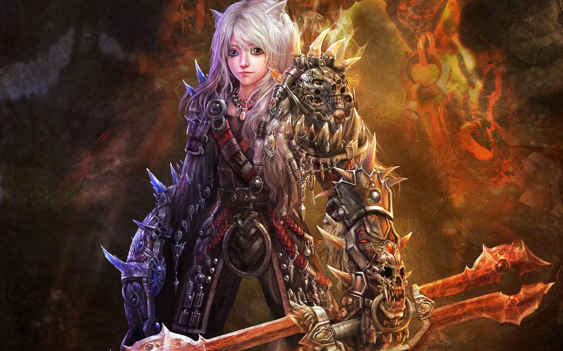 Warrior with cat ears and spiked armor holding an axe HD Wallpaper