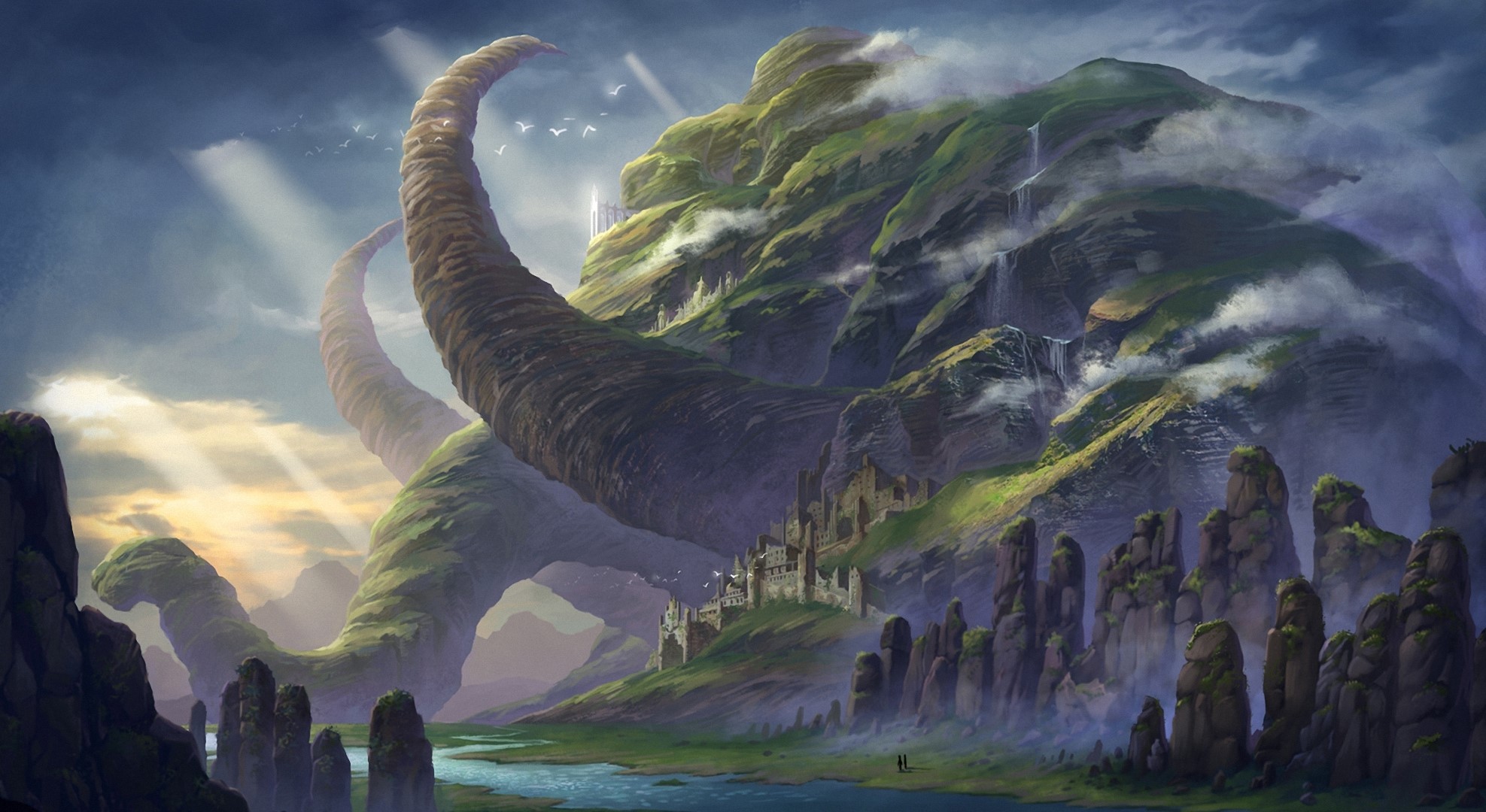 Fantasy landscape with giant horns and ancient ruins HD Wallpaper